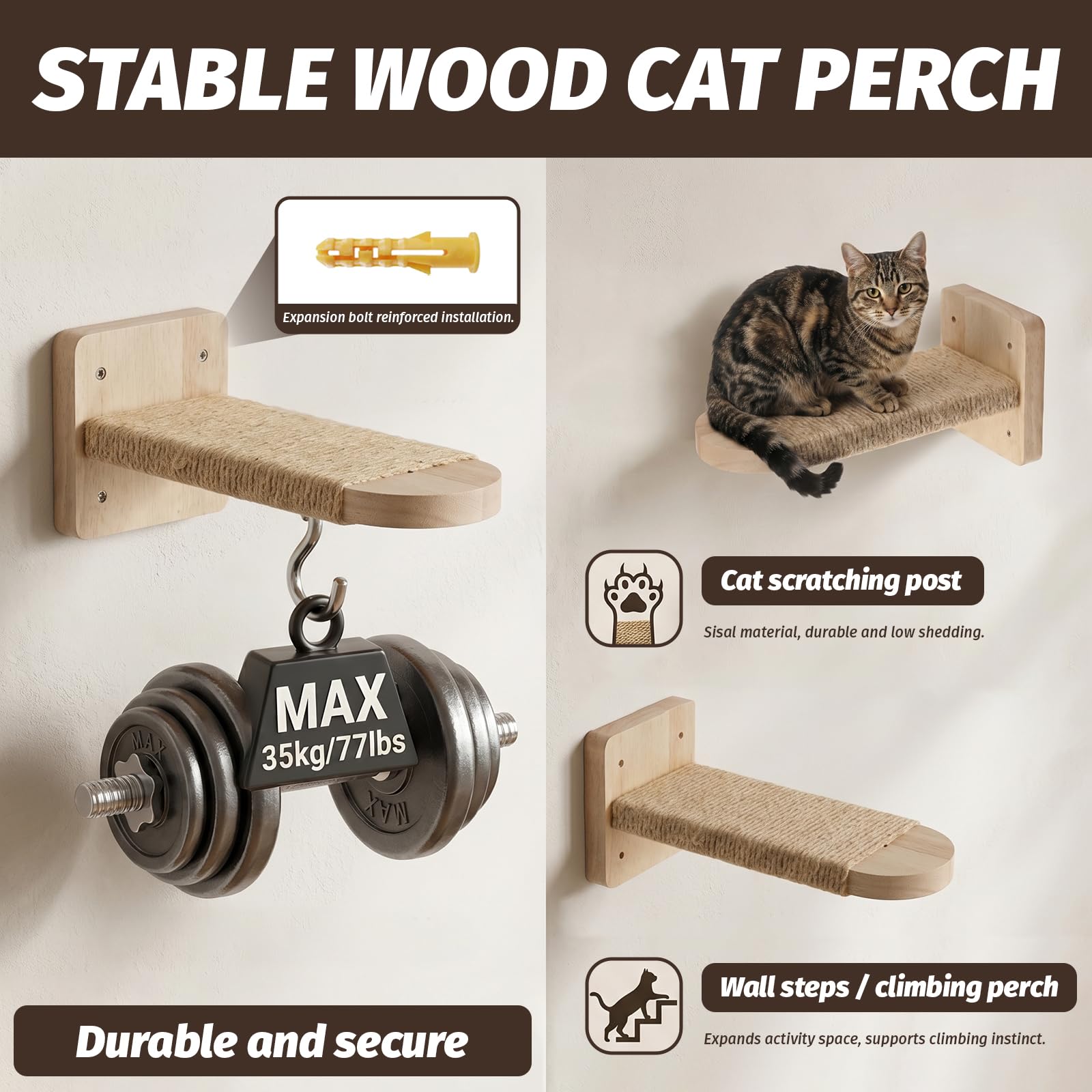 Katzentreppe Wand: 4 Stück Massives Gummibaumholz Katzen Kletterwand mit Jute-Seilen zum Kratzen Geeignet zum Klettern, Ausruhen und Kratzen für Katzen