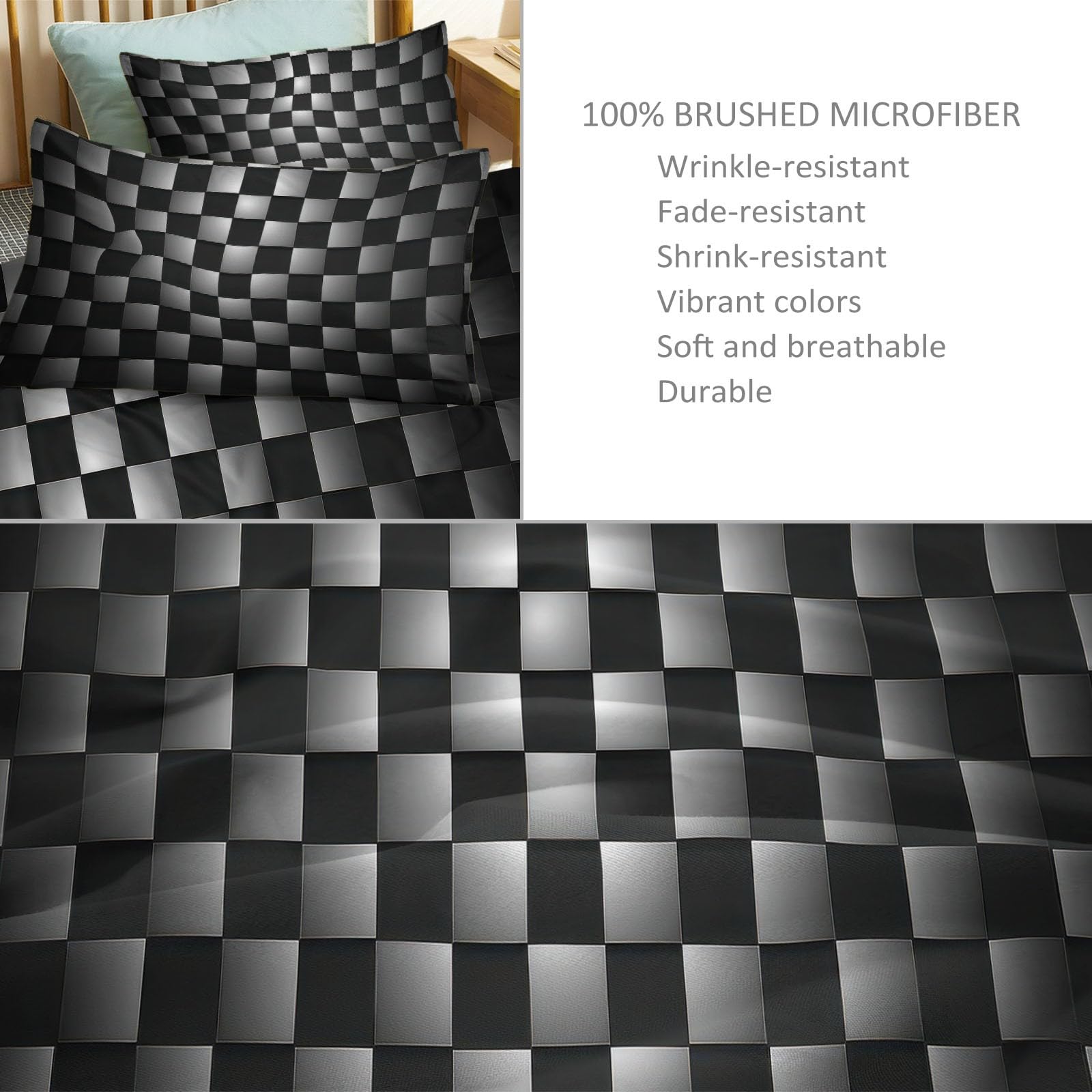 Zestaw pościeli 180 x 220 cm Dwustronna geometryczna poszewka na kołdrę czarny szary kwadrat, nowoczesna poszwa na kołdrę miękki i oddychający komplet pościeli - luksusowa sypialnia z poszewkami na