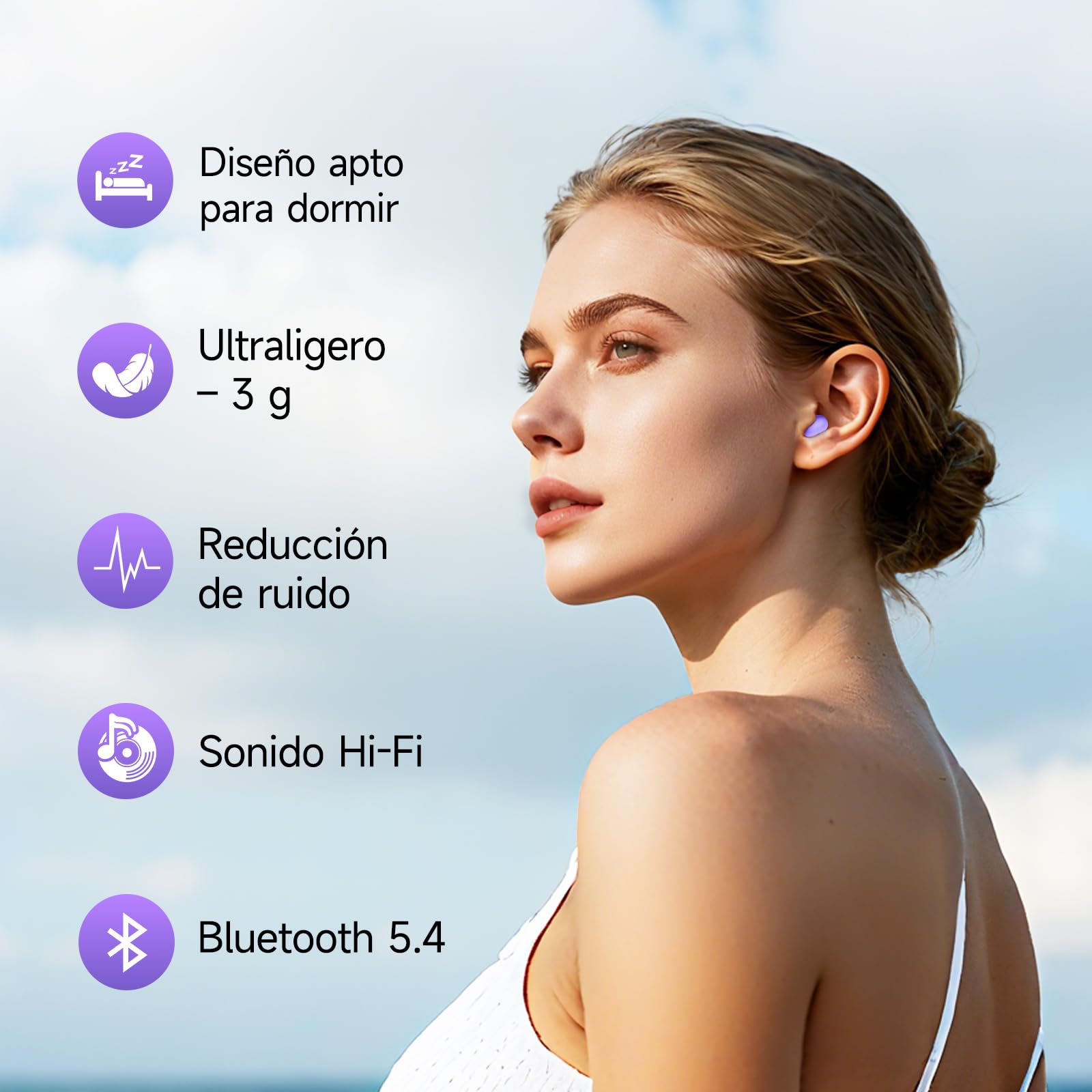 Auriculares para Dormir, Mini Auriculares para Dormir, inalámbricos Bluetooth 5.4, para Dormir de Lado, indicador de Potencia para Entrenar, Trabajar, Viajar(Morado) — view 2