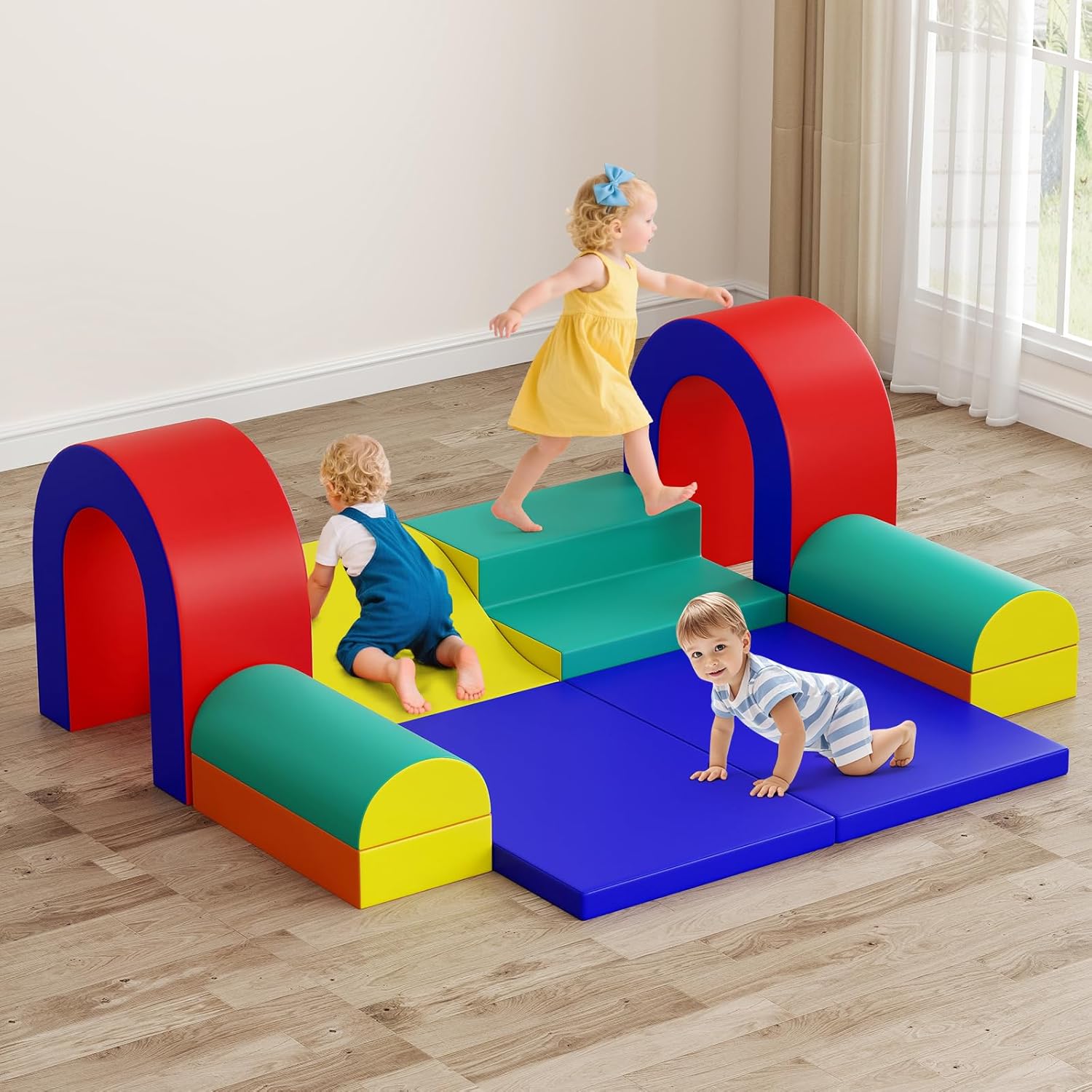 Olakids Toddler Climbing Toys Indoor, 10 Pieces Baby Foam Blocks Soft Play Set with PU Leather, Kids Climb Crawling Activity Gym Playground for 1+ Years (Red)