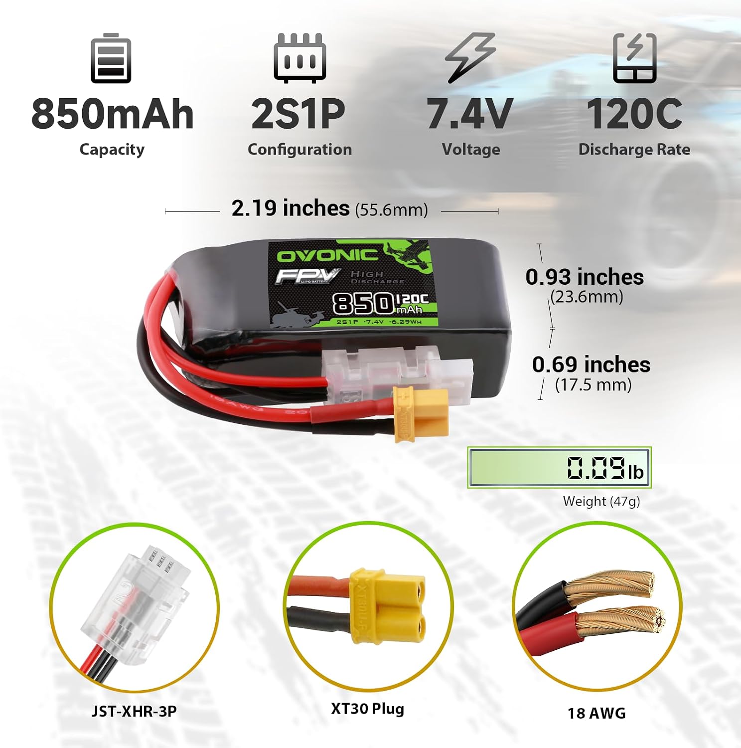 OVONIC 2S 850mAh Lipo Battery 7.4V 120C Battery with XT30 Plug for RC Car Truck RC Vehicles Boat Drone RC Airplane Quadcopter Helicopter FPV Racing Hobby Models [2pcs]