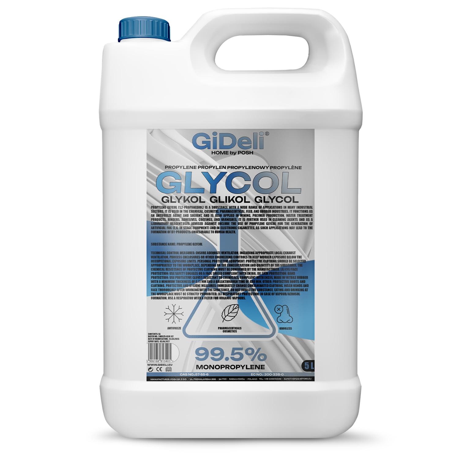 GiDeli Glikol propylenowy 99,5% 5 l – glikol monopropylenowy 1,2-propanodiol bezbarwny i przezroczysty – glikol propylenowy mieszany z wodą i rozpuszczalnikami polarnymi – czysta substancja chemiczna