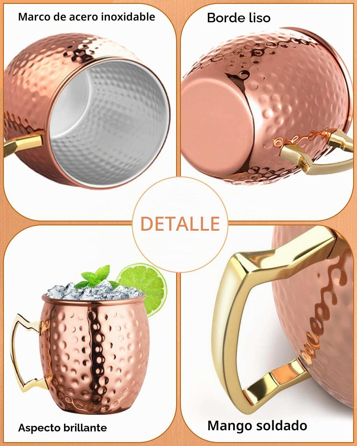 LIVEHITOP Moscú mula Cobre Tazas 4 Piezas, 19.5 oz Copa Cobre con 4 Posavasos, 4 Pajitas, Pincel Jigger y Paja, Conjunto Regalo Taza para el Hogar, Bar, Fiesta (4)