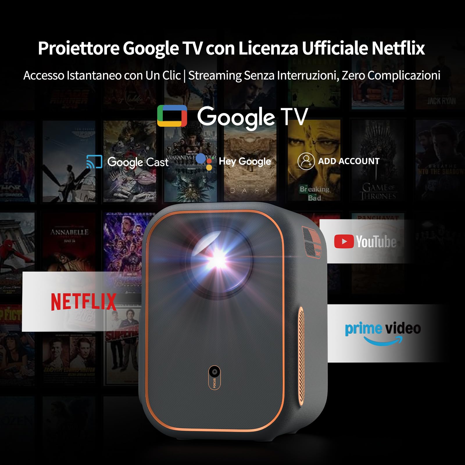 WEMAX Mini Proiettore Certificato Netflix & Google TV Smart Proiettore Portatile 4K & 1080P Nativo Dolby Audio WiFi Bluetooth Home Cinema Esterno