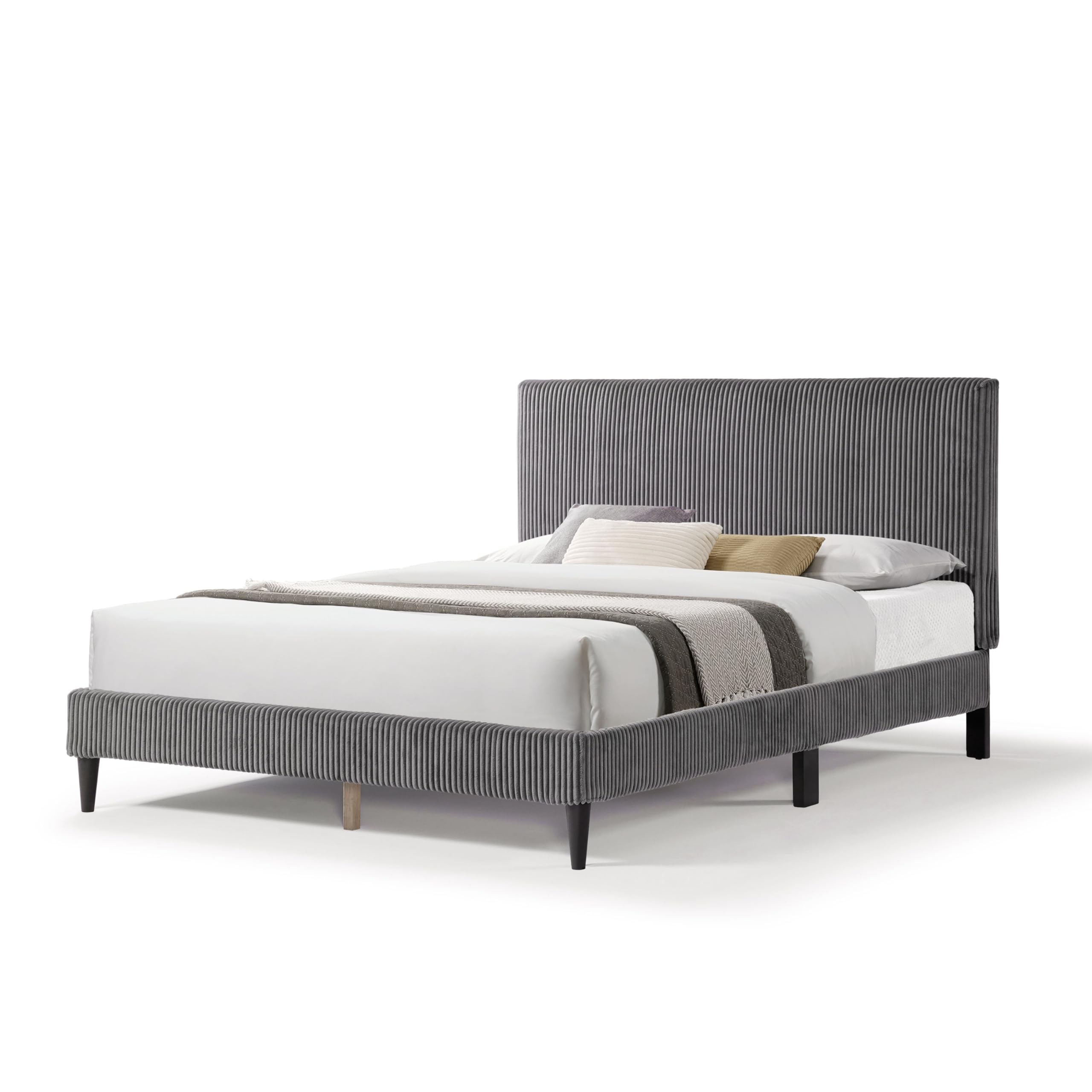 Homes: Inside + Out Lysandra Modern Bed Frame Queen Size with Upholstered Headboard and Corduroy Fabric Cover, No Box Spring Needed for Bedroom, Guest