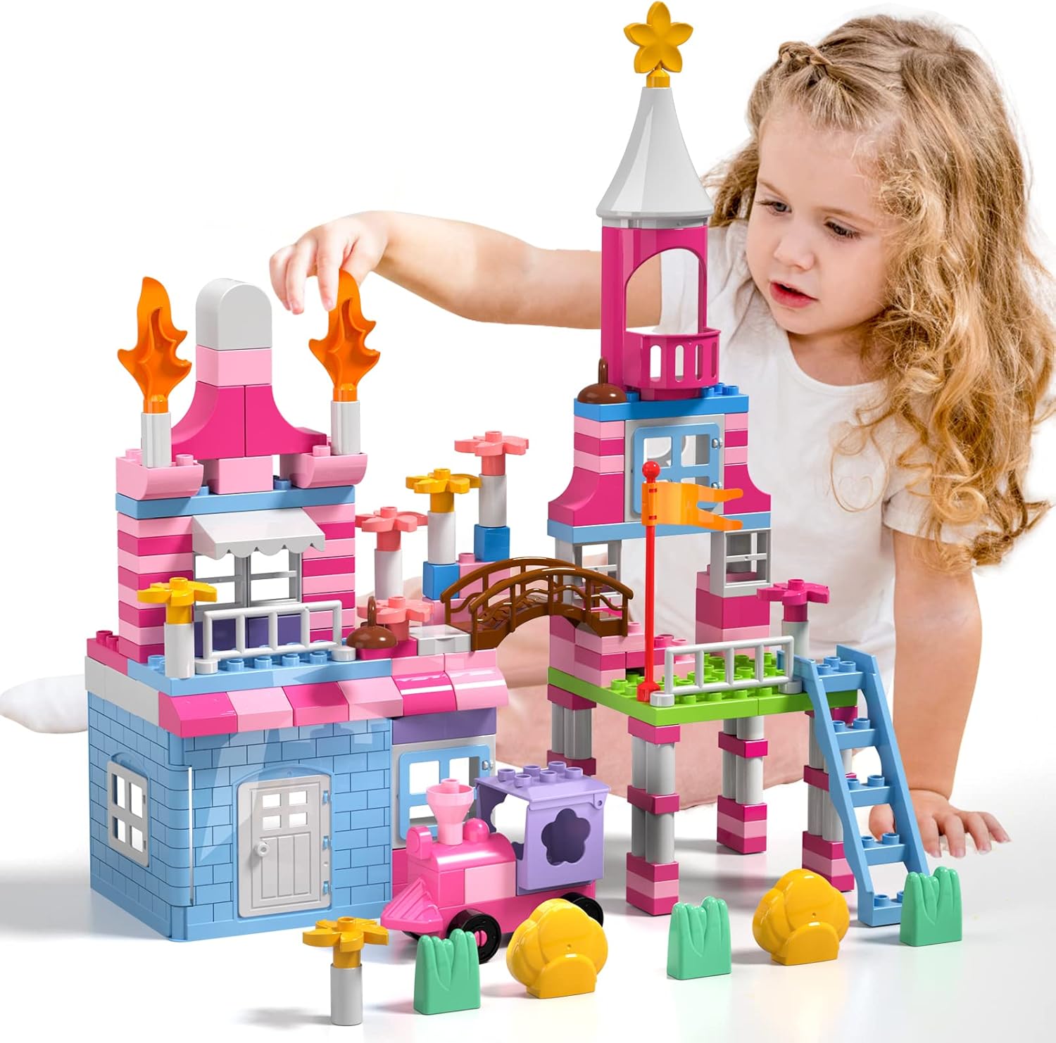 Building Blocks Set for Kids Girls, 171 PCS Pink Princess Castle Blocks