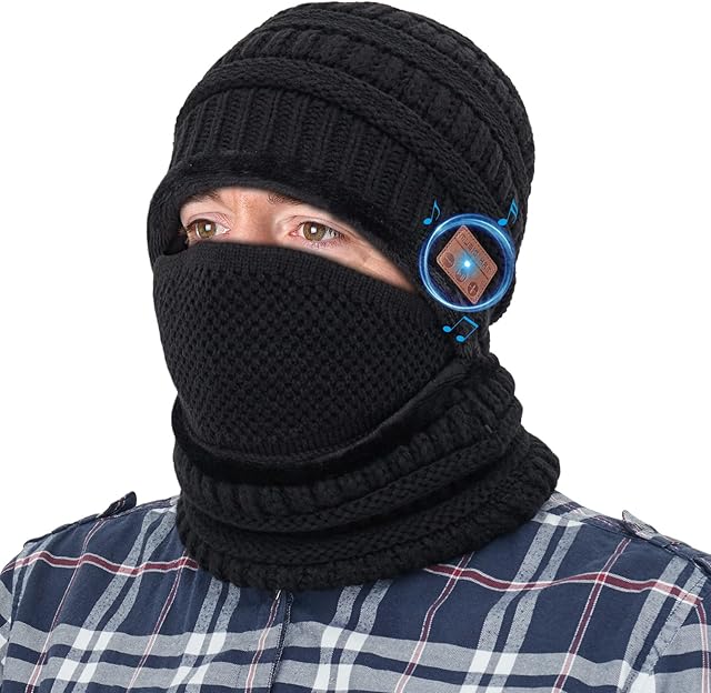 3 in 1 Topretty Winter Bluetooth Beanie, Unisex 5.0 Bluetooth Hat Winter Beanie Hat Scarf Set Washable USB Rechargeable Winter Music Cap Wireless Knit Beanie with Stereo Headphones Gifts for Men Women