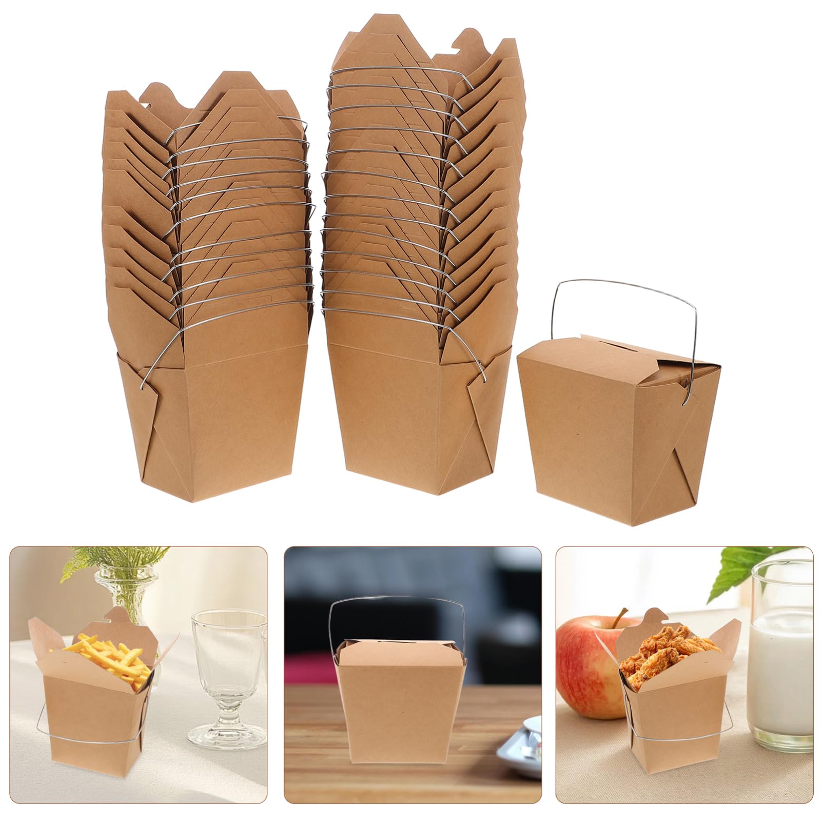 OUNONA 50 Pcs Récipients Alimentaires Chinois en Papier avec Poignée en Fil, Conteneurs Versatiles pour Repas à Emporter, Faciles à Transporter pour Étudiants et Professionnels en Voyage
