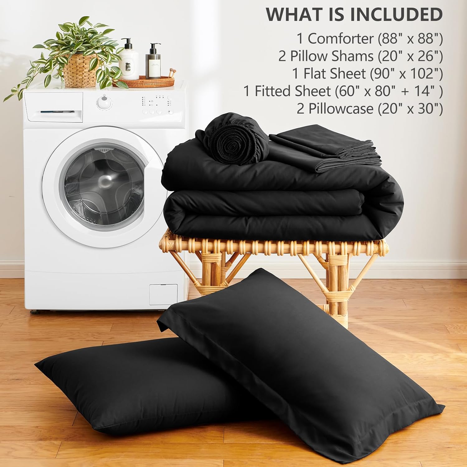 HIMEET Queen Comforter Set - 7 Pieces Bed in a Bag Queen Size, Luxury Comforter Set with Sheets for All Season, Bed Set with Comforter, Flat Sheet, Fitted Sheet, Pillowcases & Shams, Black