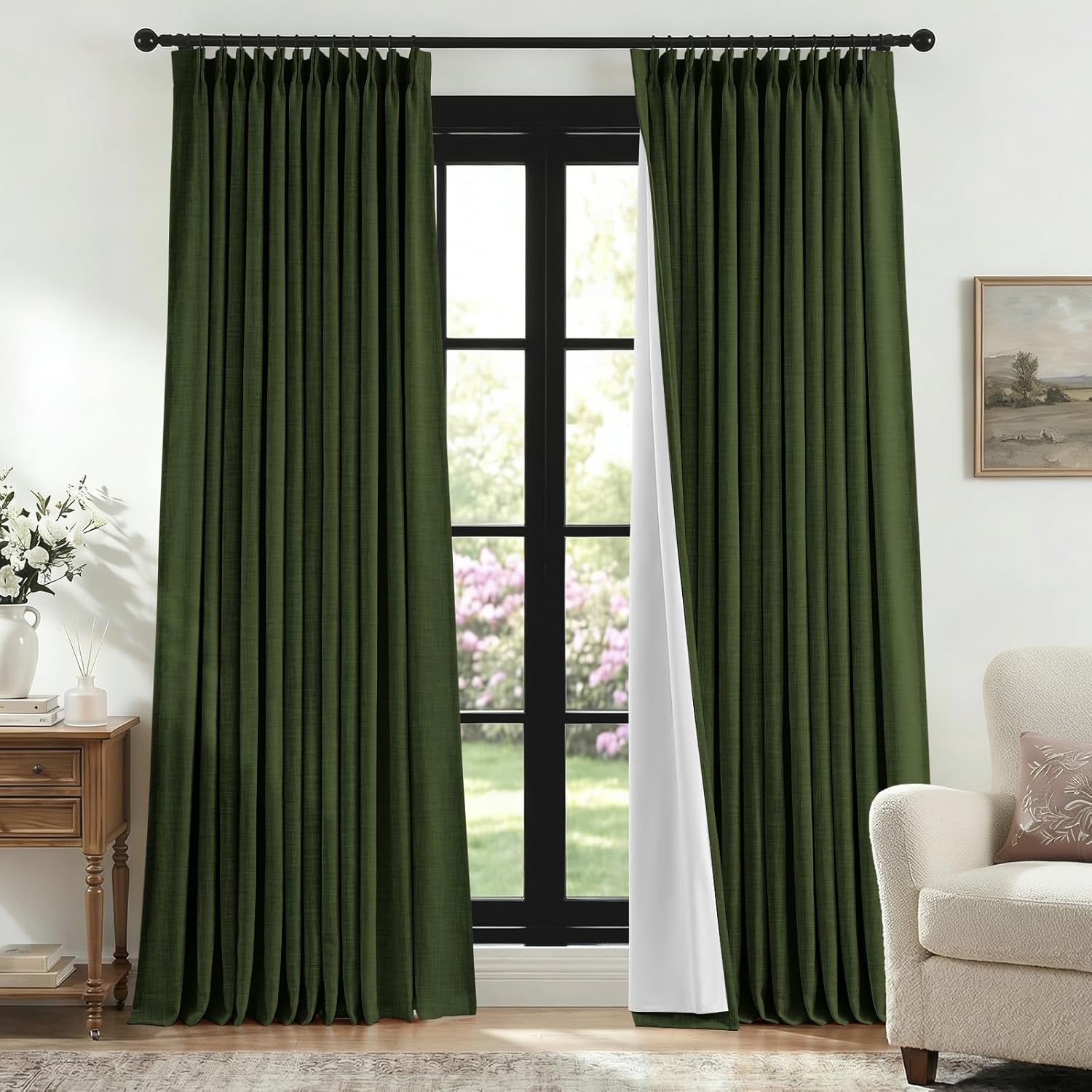 HOMEIDEAS Olive Green Pinch Pleated Curtains 100% Blackout,Linen Blend Luxury Thermal Insulated with Adjustable Hooks, for Living Room Bedroom Modern Farmhouse Decor, 40" Wx84 L 2 Panels