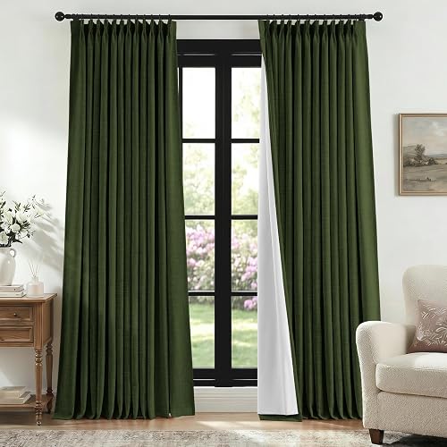 HOMEIDEAS Olive Green Pinch Pleated Curtains 100% Blackout,Linen Blend Luxury Th