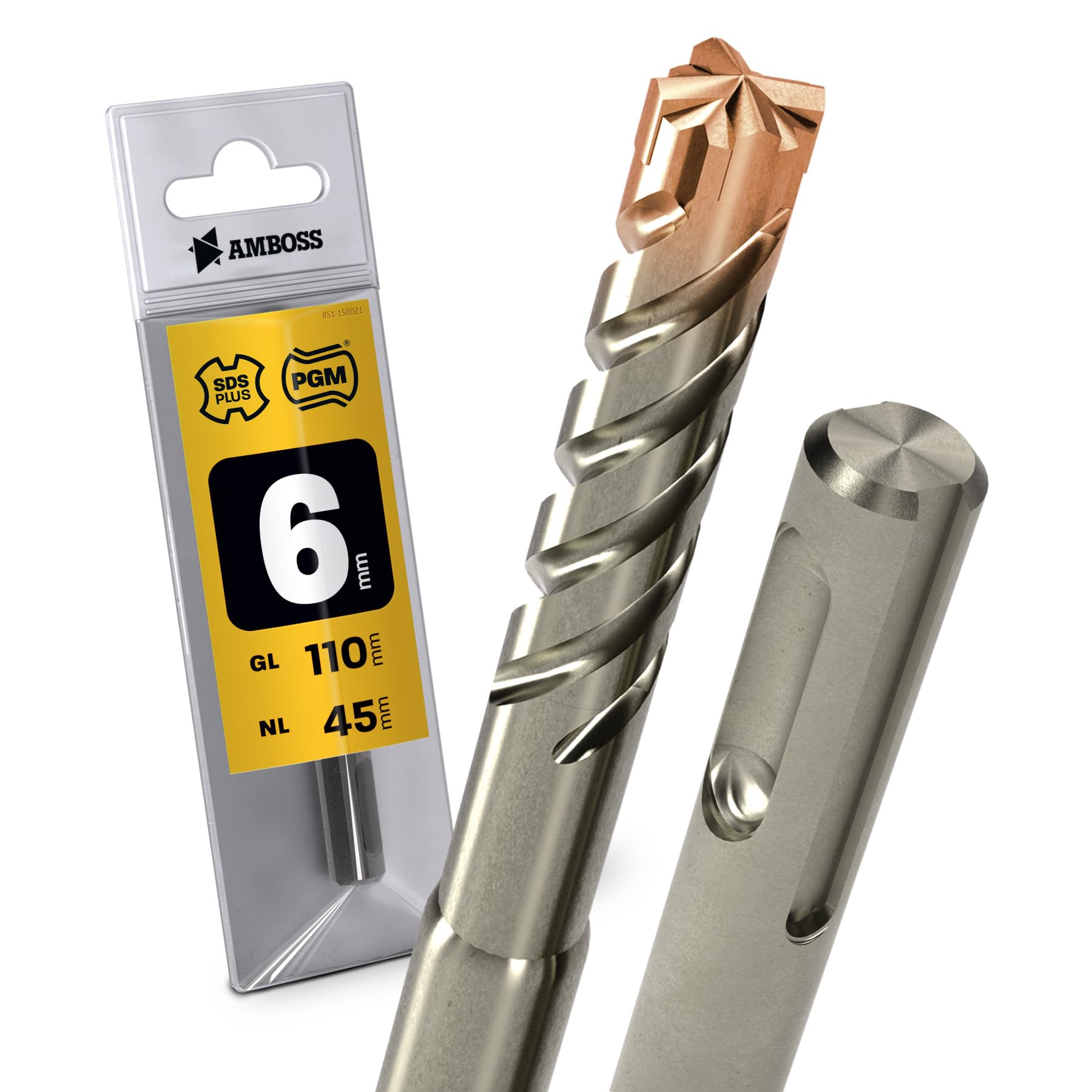 SDS Plus - Broca para martillo perforador, 4 unidades, PGM, diámetro 6,0 mm x 45 mm, AMBOSS SDS Crusher 4 - Broca HM para hormigón, metal duro, broca profesional, 6,0 mm x 45 mm, broca para piedra