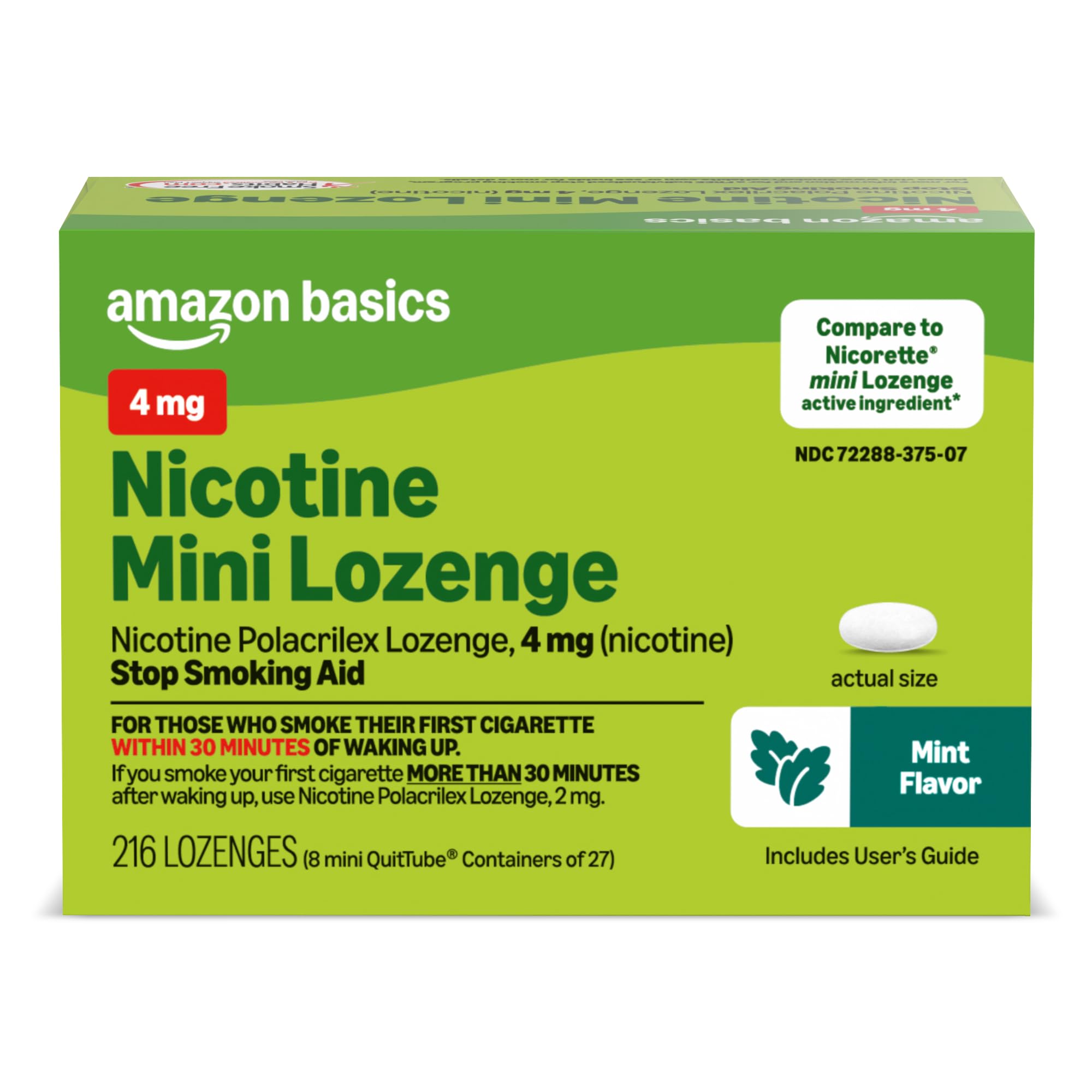 Amazon Basics Nicotine Polacrilex Mini Lozenge, 4 mg (Nicotine), Mint Flavor, Stop Smoking Aid, Quit Smoking, Lessens Cravings, 216 Count, 8-Pack of 27 (Previously Amazon Basic Care)
