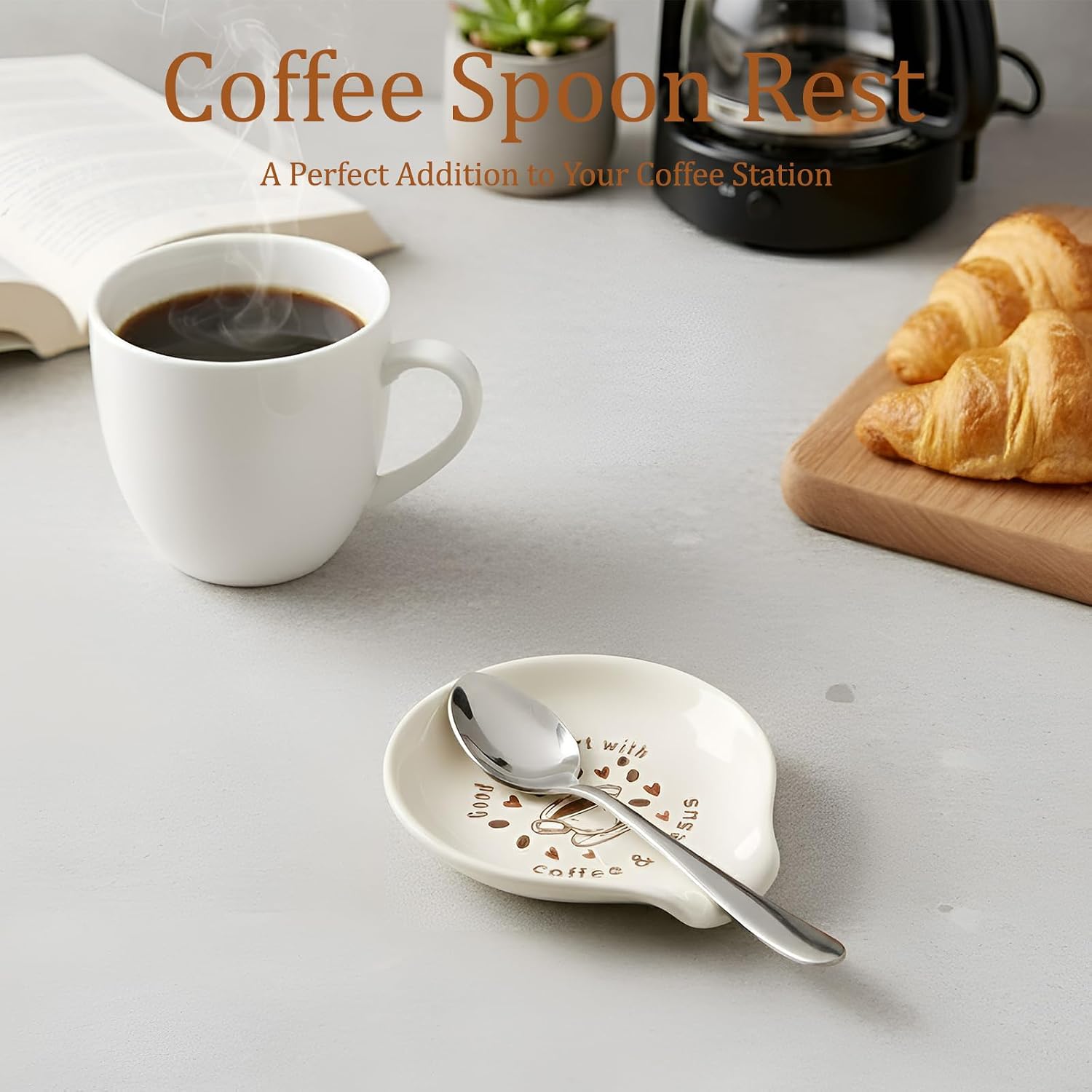 Coffee Spoon Rest,Ceramic Spoon Holder for Countertop Decor, White, Style 2