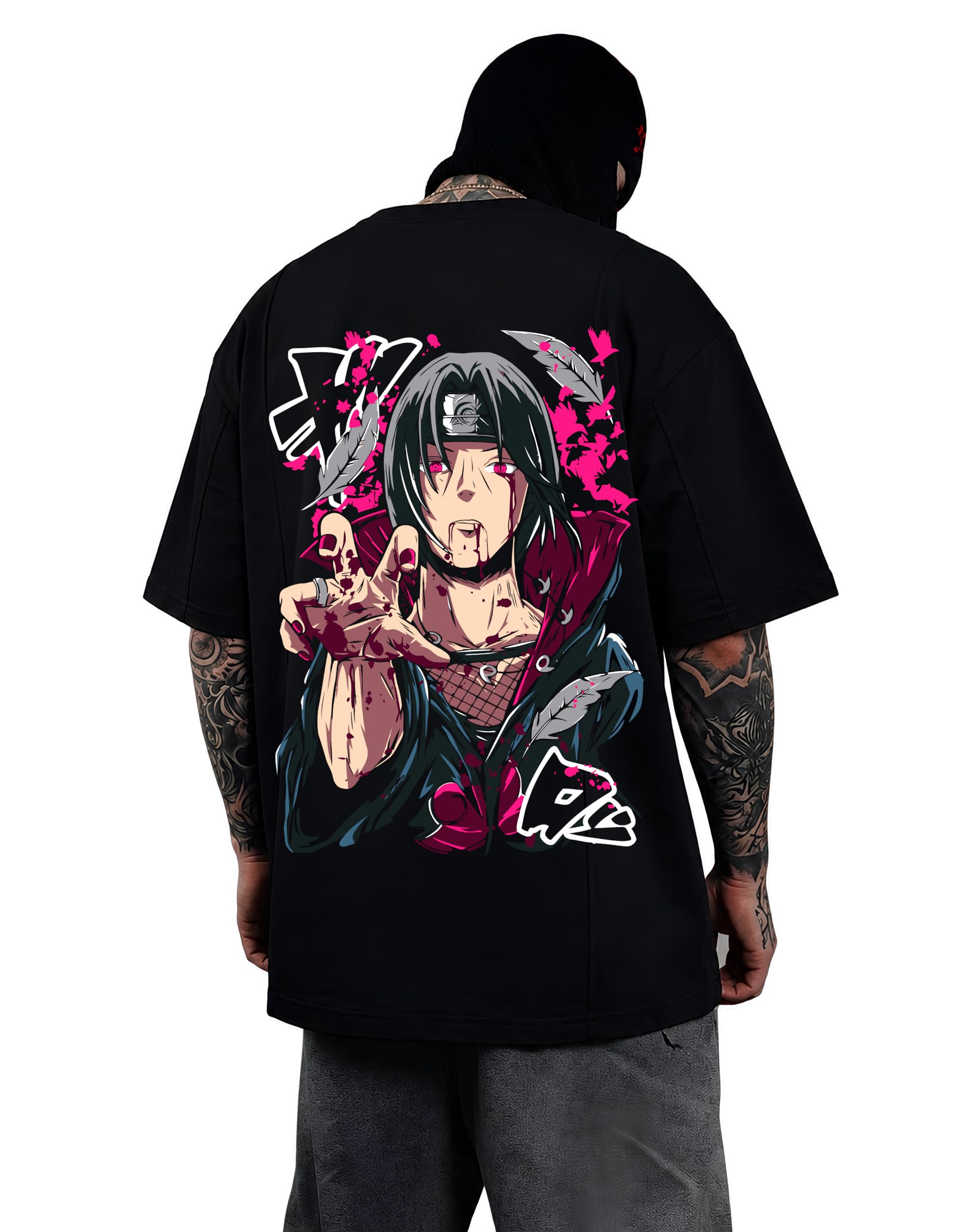 Anime Oversized Tshirt for Men Itachi Graphic Printed | Premium Heavyweight 100% Cotton Half Sleeve Round Neck Drop Shoulder Streetwear T-Shirt-picture-11