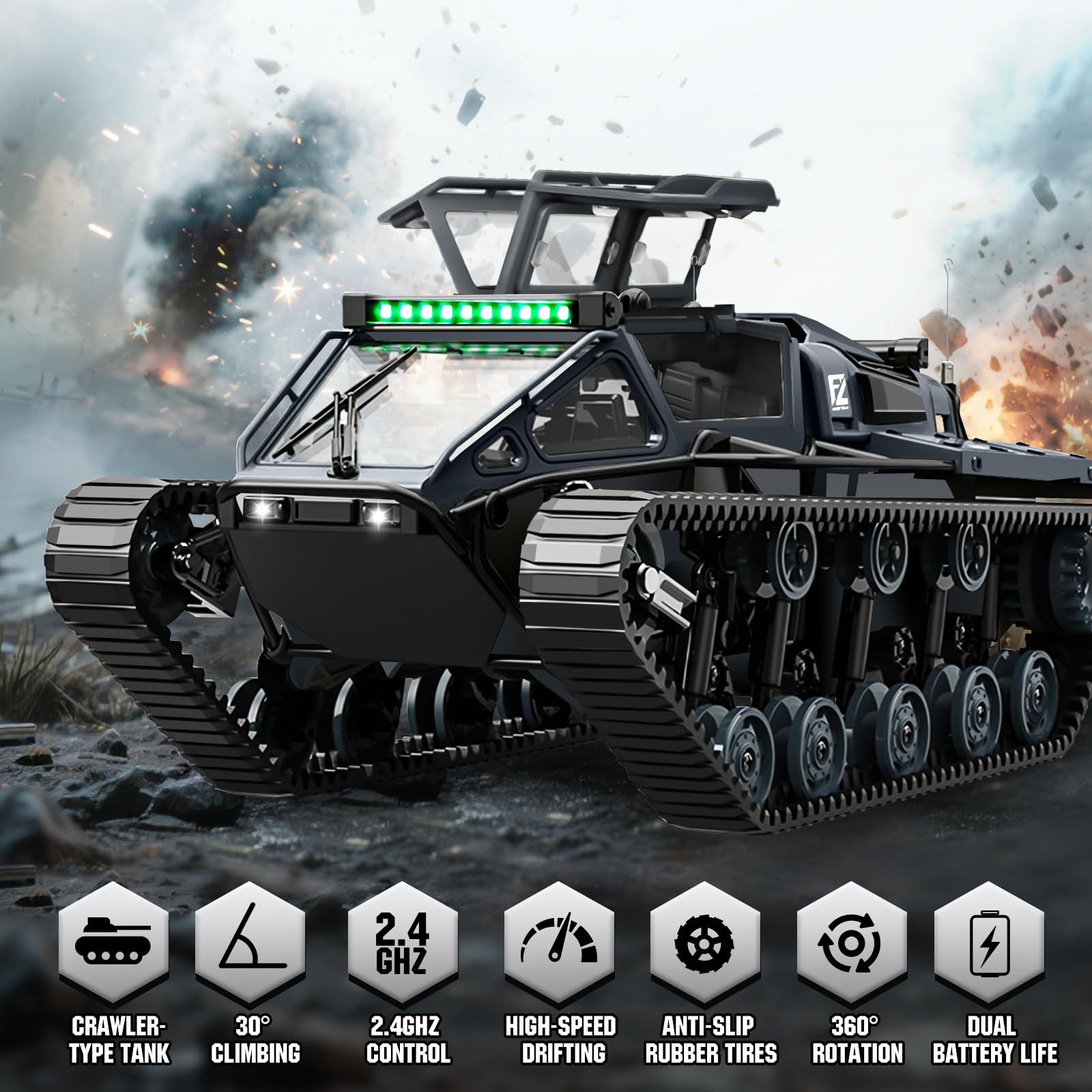 HERMORRYSS Carro Armato Telecomandato 1:16, 2.4GHz RC Tank ad alta Velocità, 360° Rotazione Carro Armato RC Telecomandato Crawler Serbatoio, Fuoristrada Crawler Drift Tank per Bambini Ragazzi (Grigio)