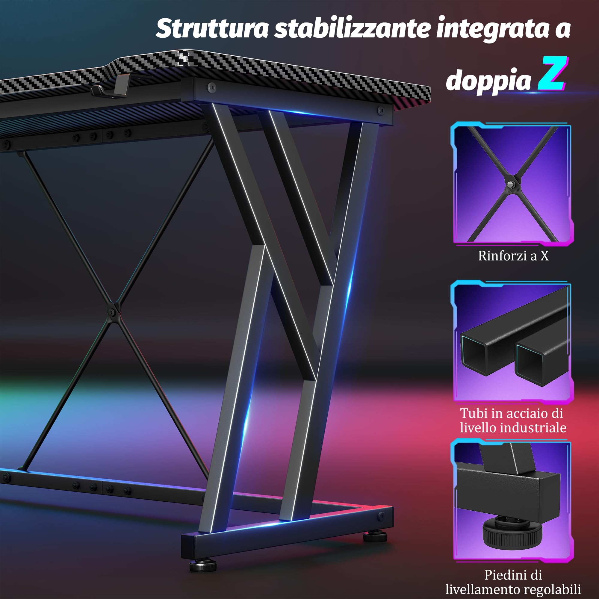 Scrivania Gaming LED 100x60cm, Tavolo Computer con Banda RGB, Tavolo Gaming Ergonomica, Gamer con Superficie in Fibra Carbonio, Scrivania per Computer con Porta Tazza e Gancio per Cuffie, Nero