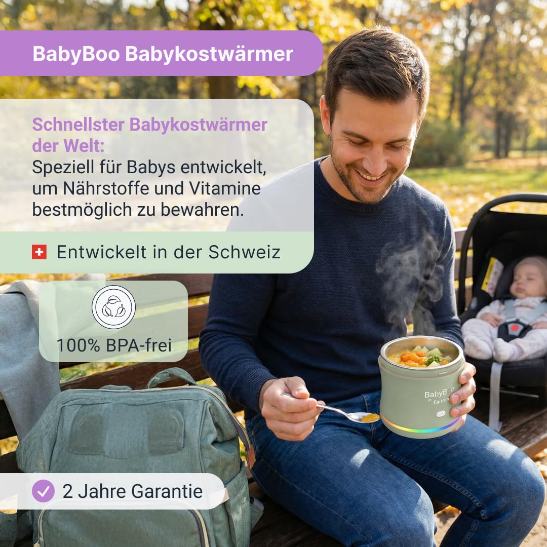 BABYBOO Tragbarer Babykostwärmer mit extra Innenschalen | Babynahrung mit Akku, App-Steuerung, 70 W, LED-Ring, bis zu 45 °C, abnehmbarer Behälter, USB-C – Zuhause und Reisen