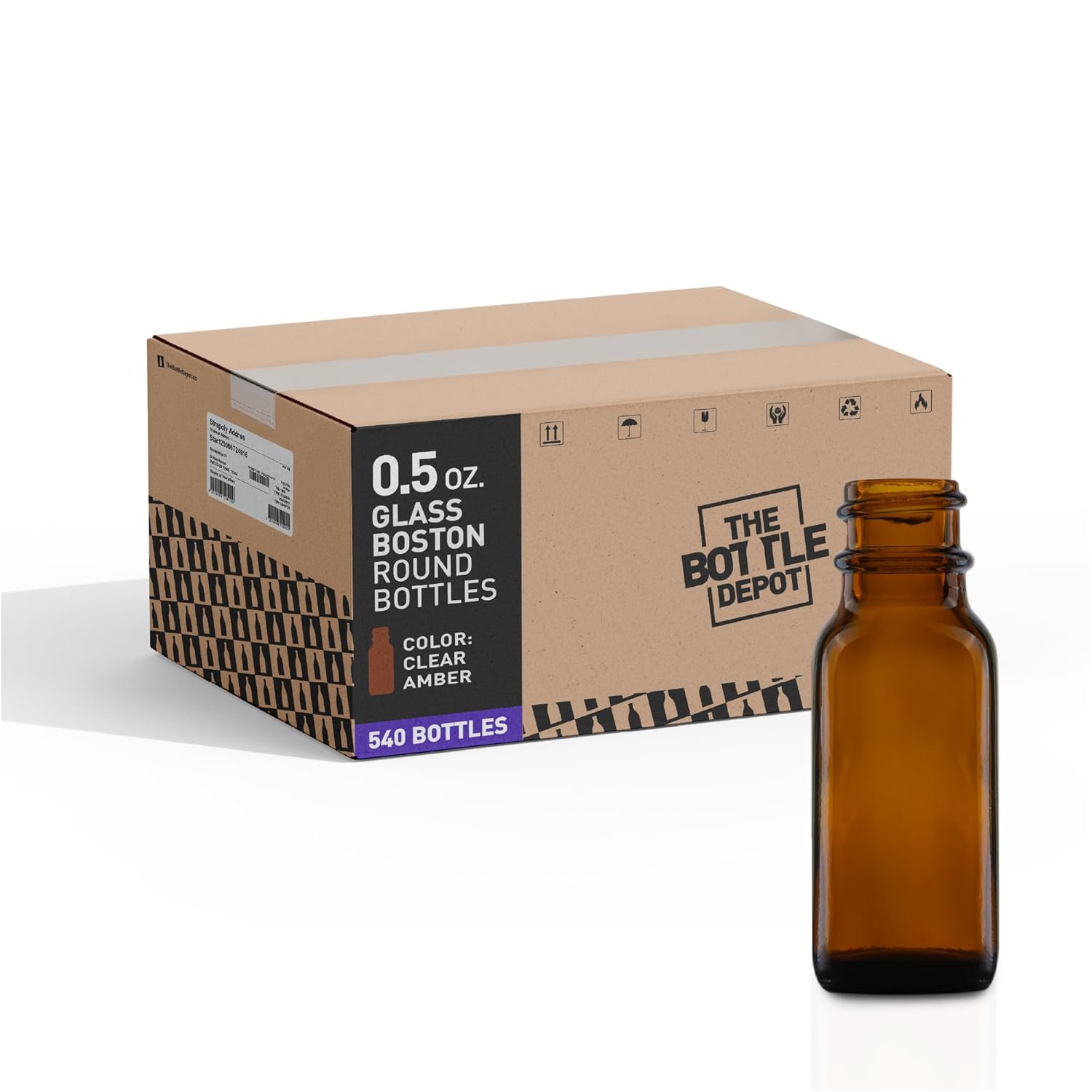 The Bottle Depot - 540 Bottles - 0.5 oz Glass Bottle - Clear Amber - Closures Not Included - 18-400 Neck Finish - Wholesale Boston Round Bottles