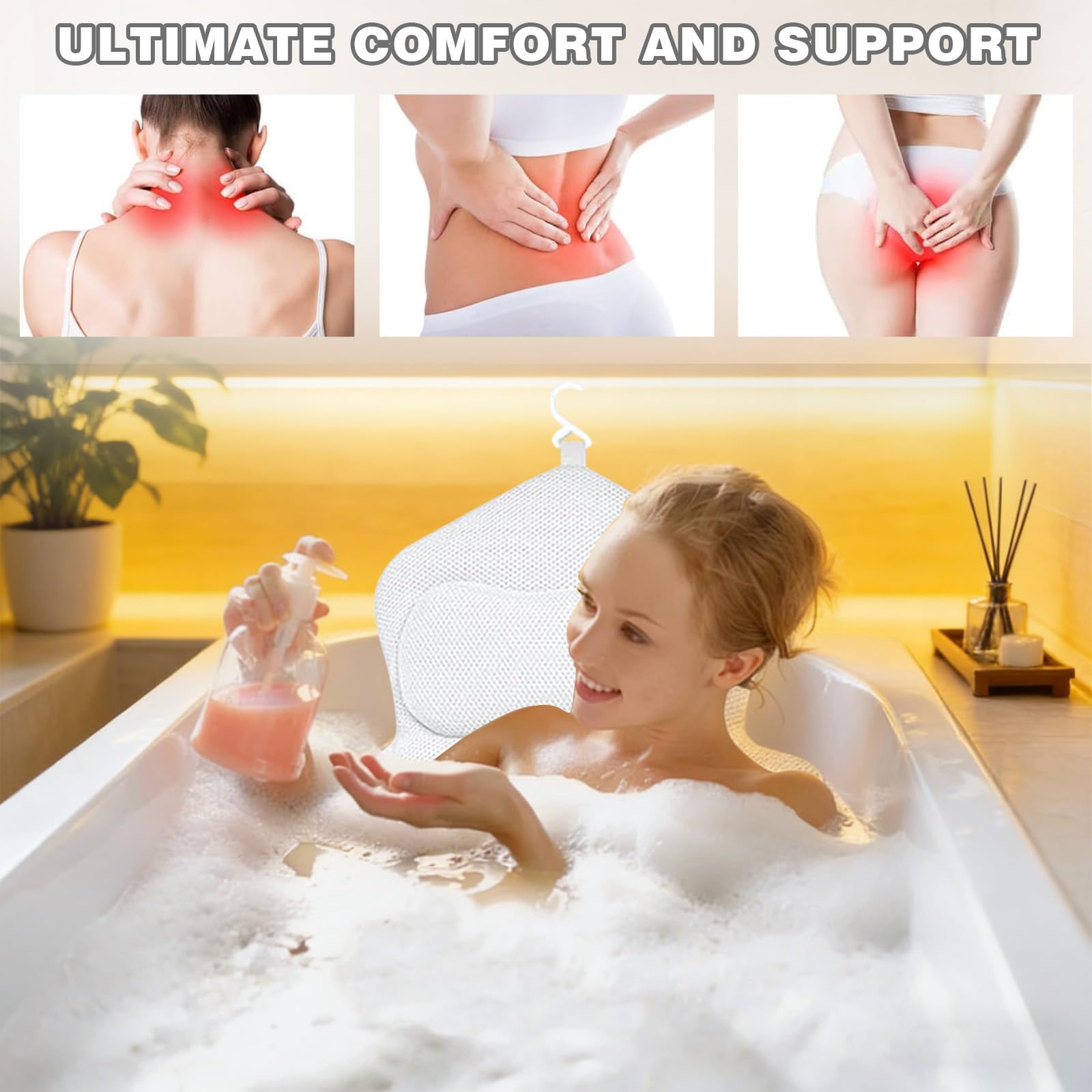 Badewannenkissen Ganzkörper 134×41 cm, Dickes Luxus-Badekissen mit Kopfstütze & Lendenstütze, Schnelltrocknendes Hautfreundliches Kissen für Nacken- & Schulterentlastung