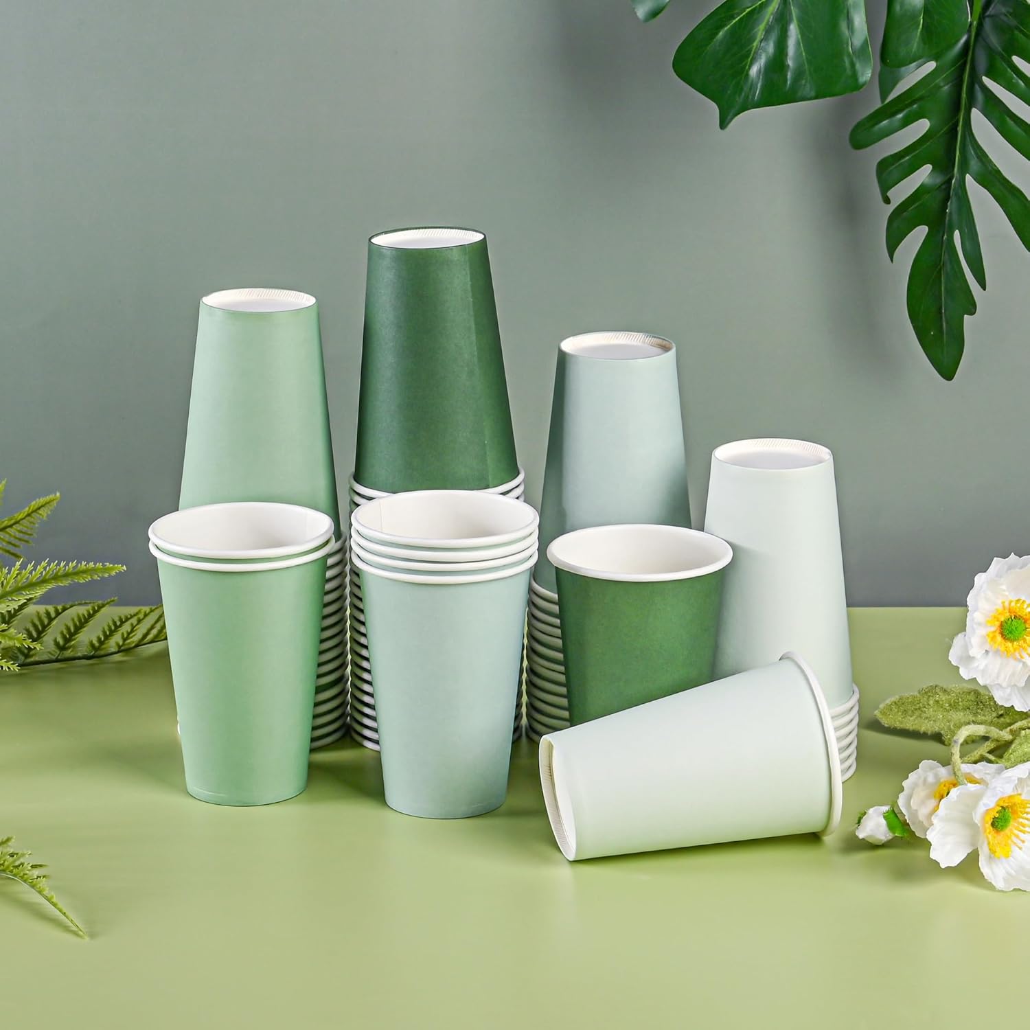 100Pcs Sage Green Paper Cups 12oz Gradient Green Party Cups Birthday Bridal Baby Shower Disposable Drinking Cups for Hot Cold Drinks Beverage Coffee Wedding Christmas Party Supplies - Image 3