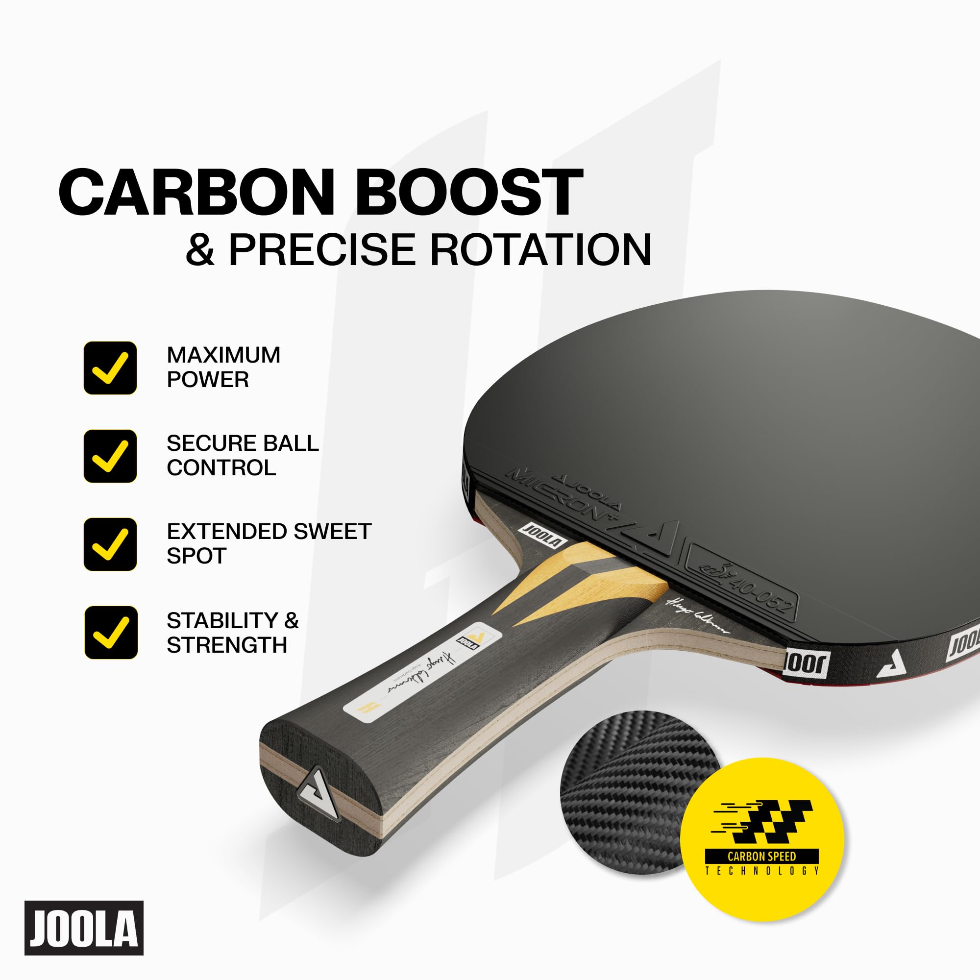 JOOLA Hugo Calderano Infinity Carbon rakieta do tenisa stołowego, dopuszczona przez ITTF, tkanina węglowa 3K, okładziny mikrona