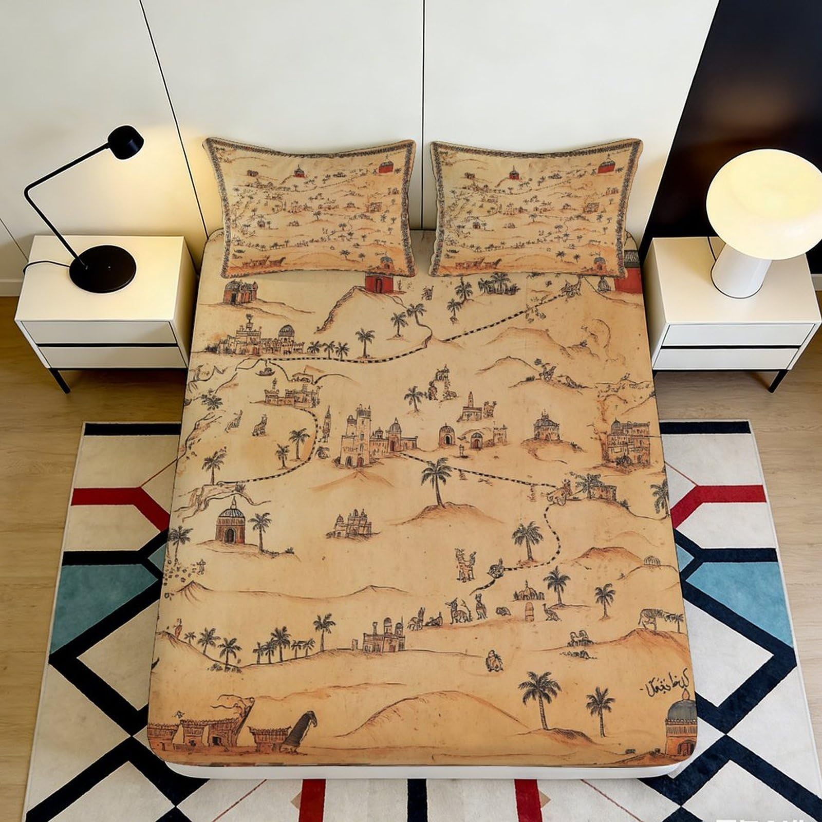 3D Printed Vintage Map Fitted Sheet Microfiber Soft Breathable Ancient Landmark Bed Cover for Bedroom Decor 120x200x25cm