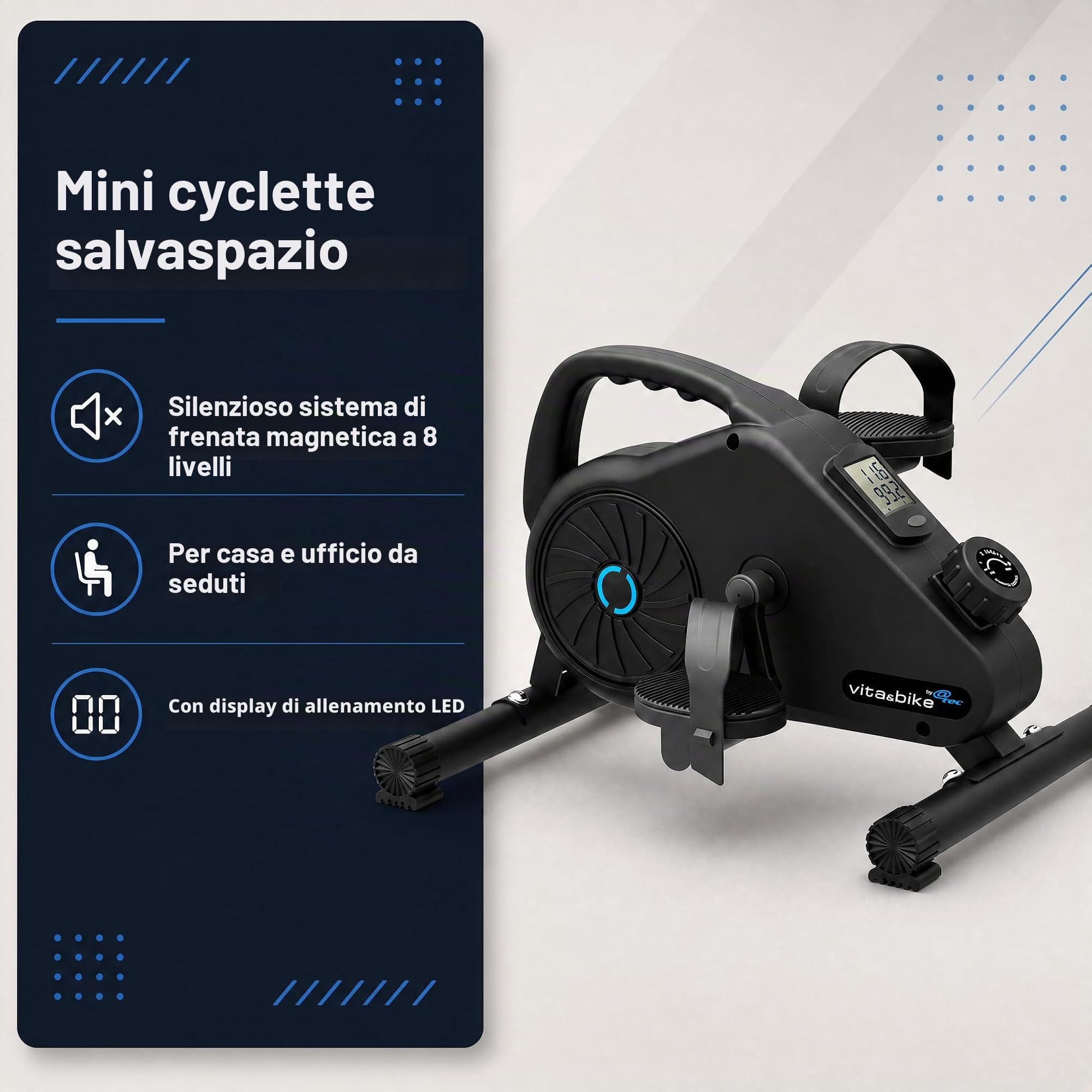Vita&Bike Mini Fitness Cyclette con sistema di frenatura magnetica a 8 livelli, pedaliera per braccia e gambe, indicatore LED di allenamento
