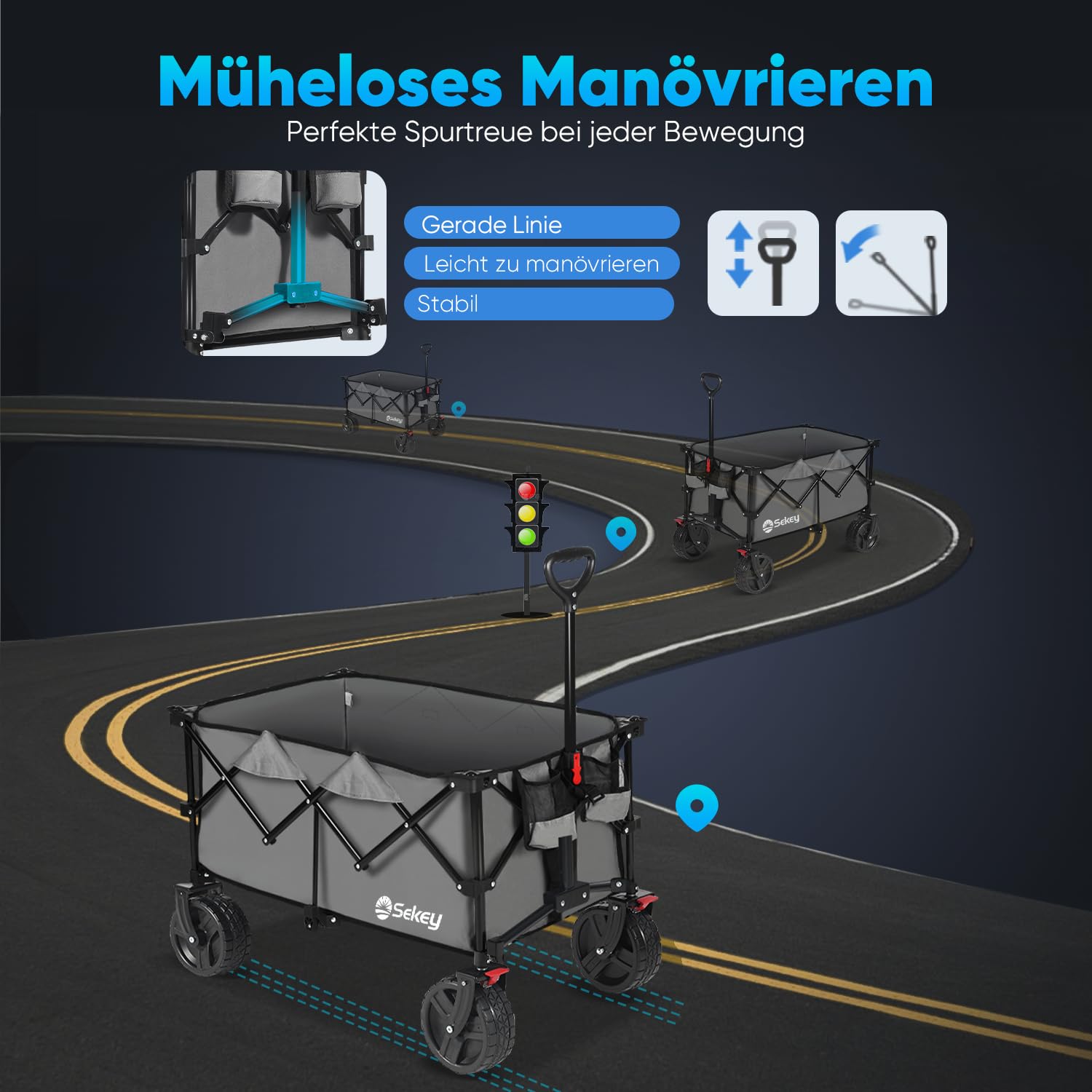 Sekey XXL Plus Bollerwagen Faltbar mit Bremsen 200L 200KG Belastbar, Extra Breite Reifen All Terrain Bollerwagen, Patentiert Zusammenfaltbar aus Vier Richtungen, XXL-PlusB 4011, Anthrazit