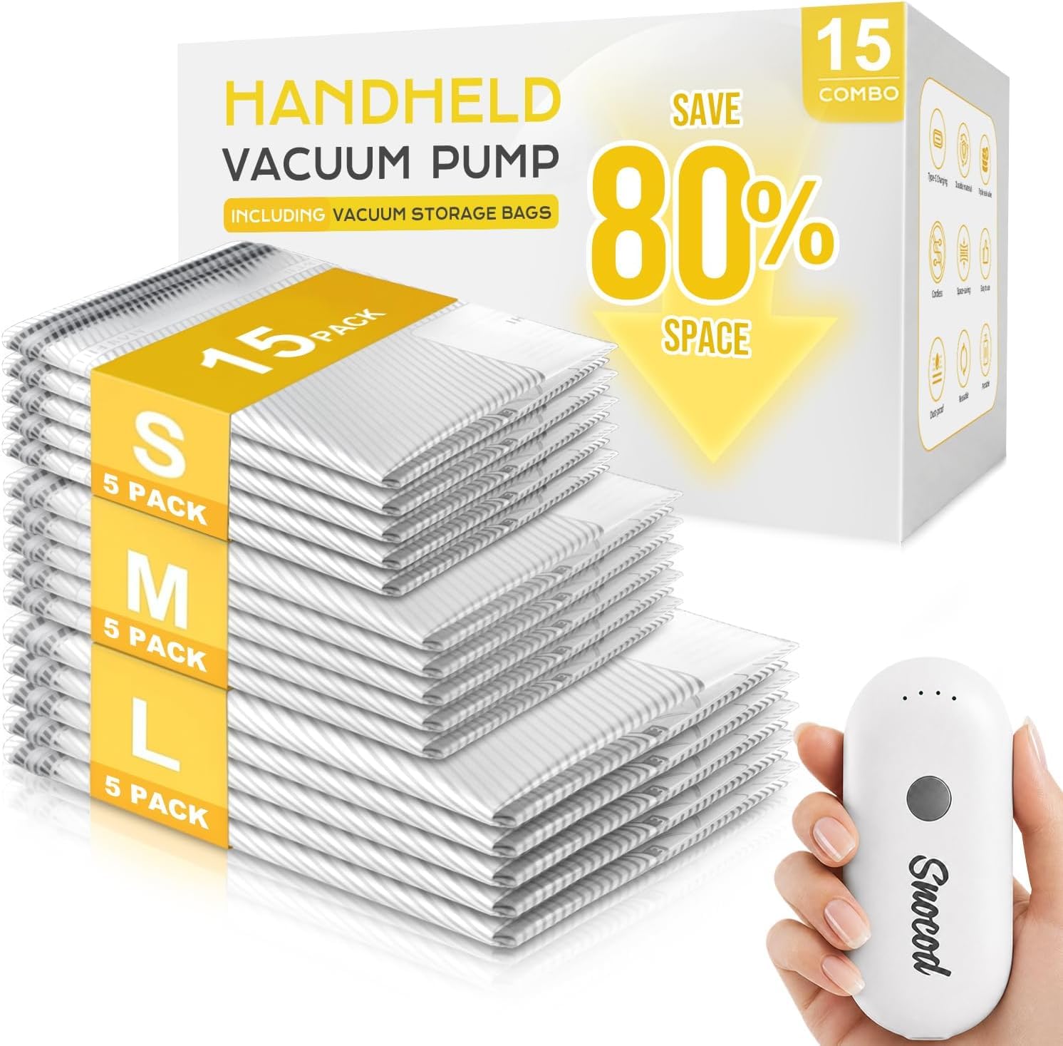 Snocod Vacuum Storage Bags with Electric Pump, Type-C Rechargeable, 15 Pack 3 Sizes Space Saver Compression Bags for Clothing, Bedding, Luggage, Travel and Home Closet Storage