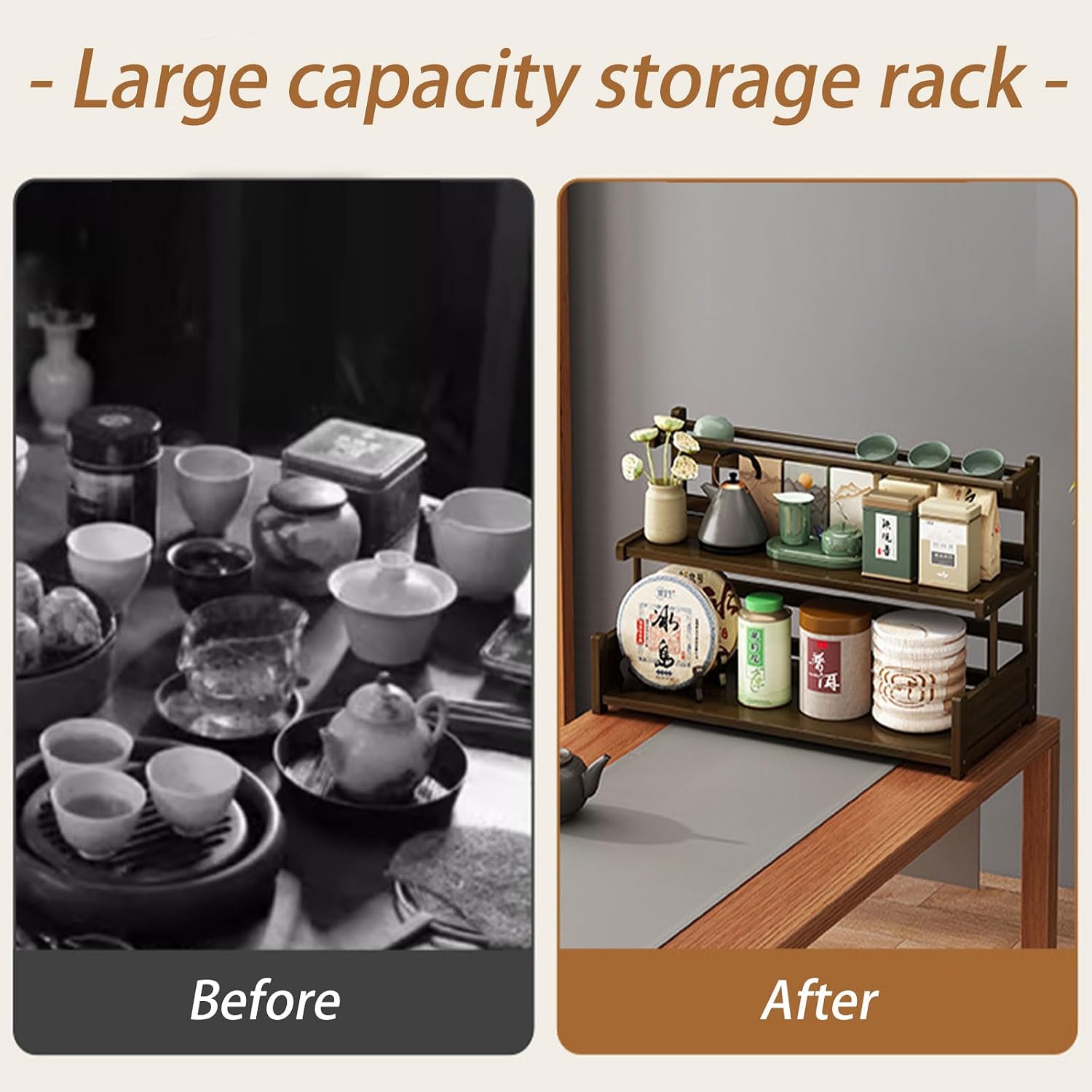 Dxcaicc 2 Tier Wooden Station Organizer for Countertop, Coffee Mug Rack Holder Stand Display Shelf, Multi-Functional Kitchen Storage Organizer,for Tea,Coffee,Wine,Cup,Brown,2Layer