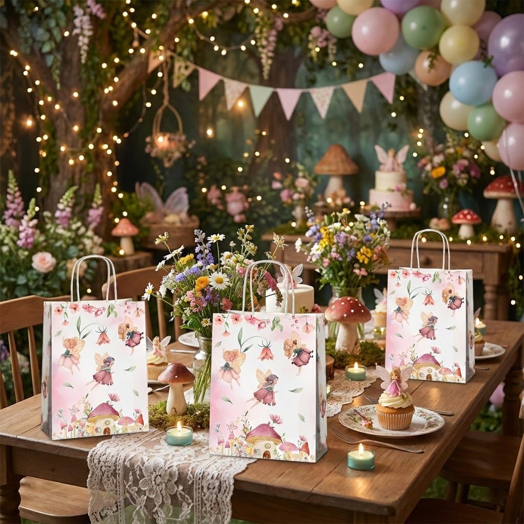 24 Pcs Fairy Party Favor Bags with Handles, Woodland Mushroom Goodie Gift Candy Treat Paper Bags for Kids Girls Baby Shower Birthday Party - Image 5