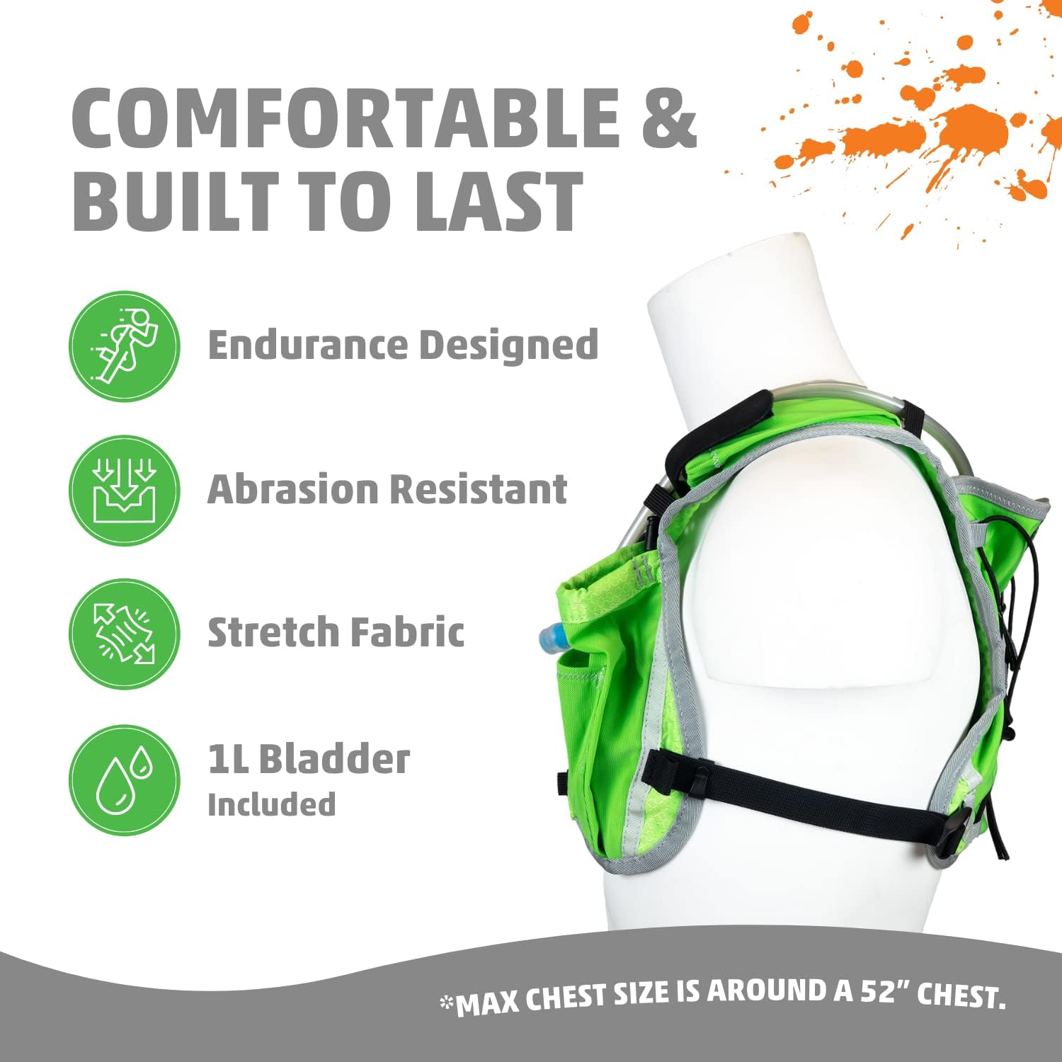 Gear Vest Pro, 35oz/1L of on Board Hydration, Plus Sized Phone Storage, Super Stable Footprint for Run and Ride.