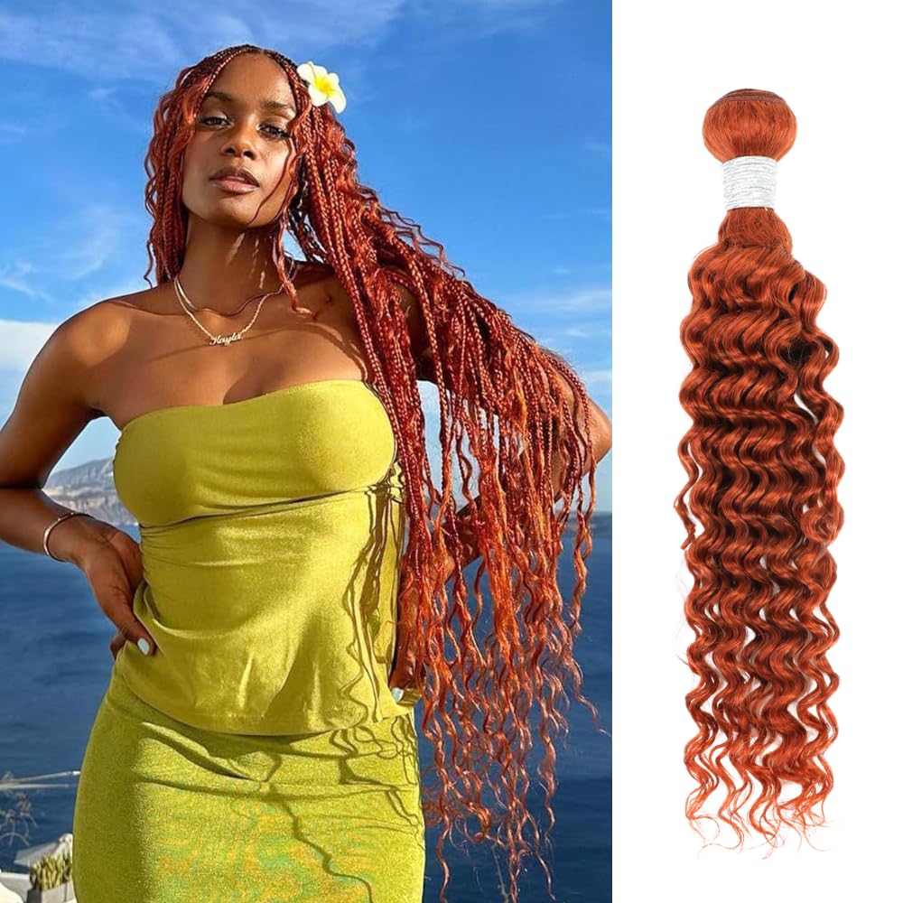 AUROO #350 Ginger Deep Wave Single Bundles Human Hair, 10A 100% Unprocessed Virgin Brazilian Weaves Burnt Orange Curly Bundles Thick Track Colored
