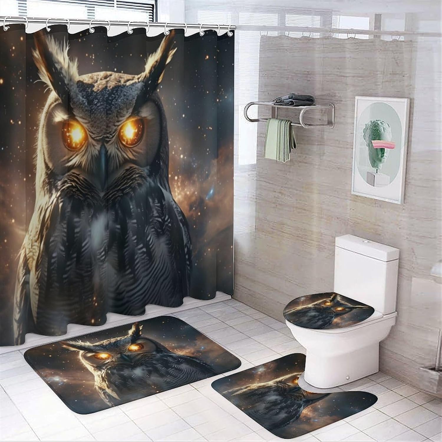Starry-Eyed Owl Bathroom Sets 4 Piece with Waterproof Shower Curtain and Rugs, Soft Flannel Bath Mat, U-Shaped Toilet Rug, Lid Cover, Modern Bathroom Decor Accessories