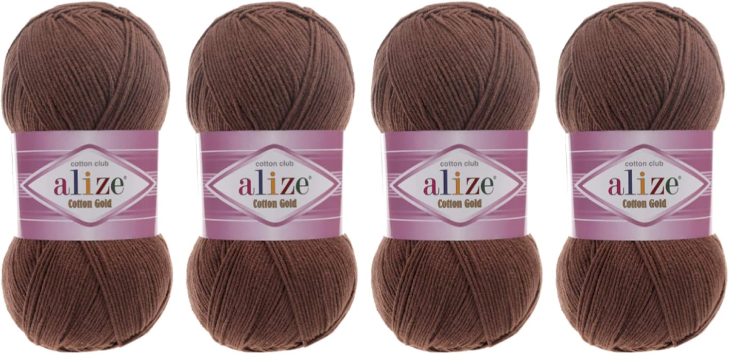 55% Cotton 45% Acrylic Yarn Alize Cotton Gold Thread Crochet Hand Knitting Art Lot of 4skn 400 gr 1444 yds (493-Brown)