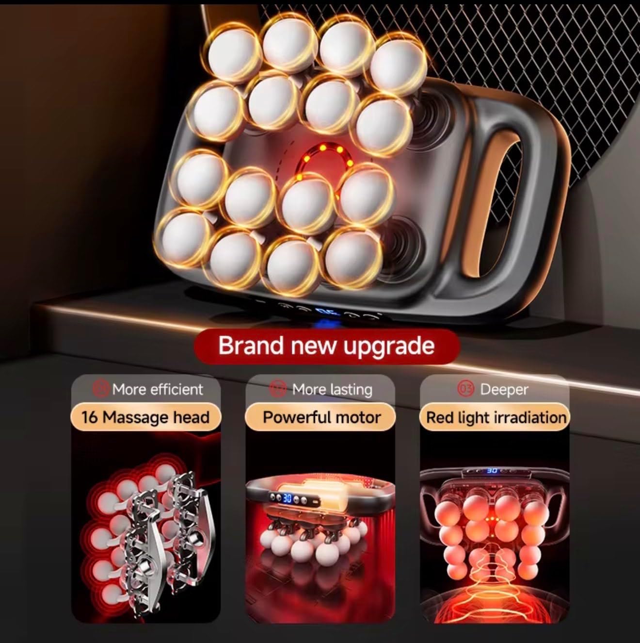 Massage Gun with 16 Heads, 30 Speeds, Red Light Therapy, Cordless Deep Tissue, Black, 12V 1800mAh Battery, 25mm Amplitude