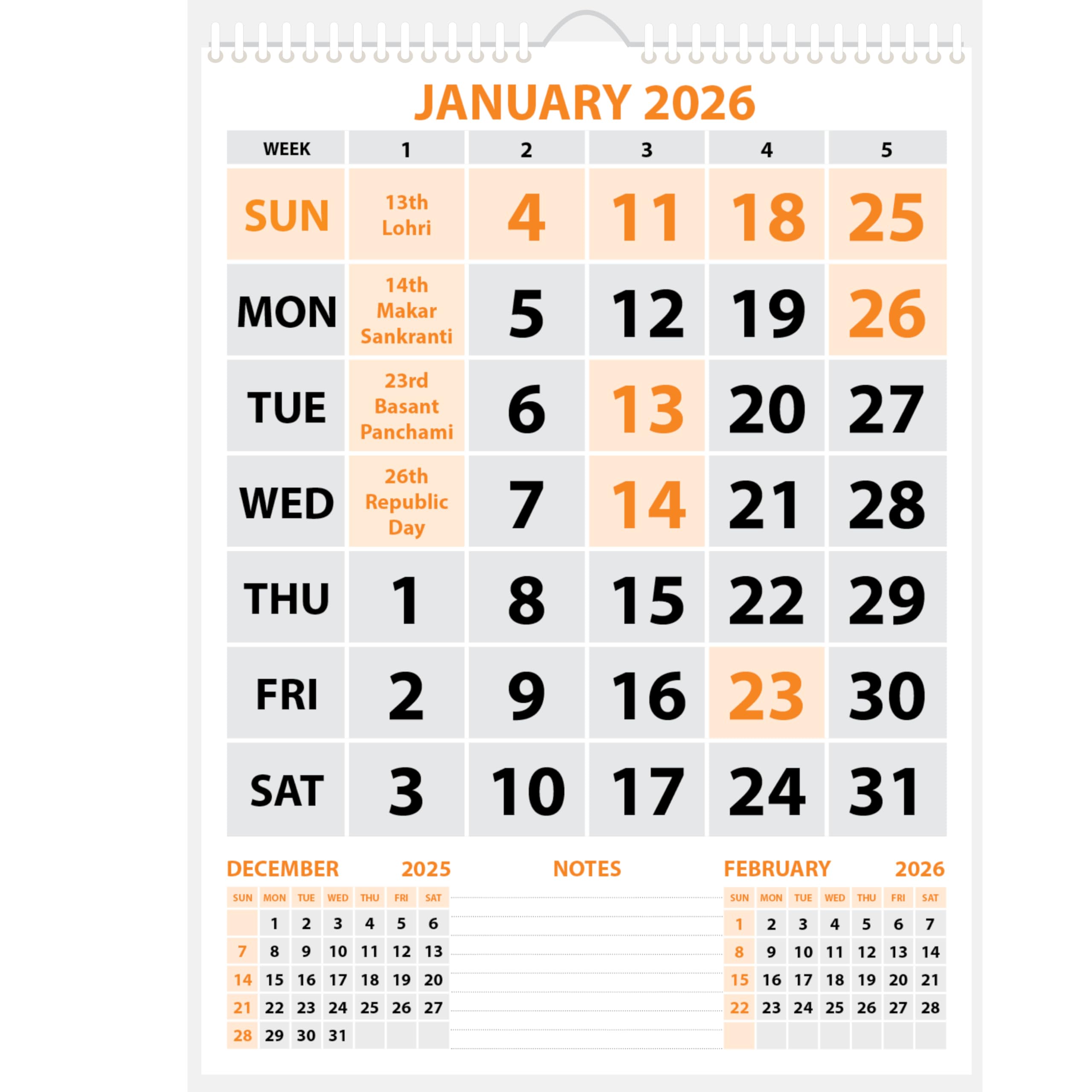 LAURET BLANC 2026 Wall Calendar -14.75" X 20" for Home & Office, Holidays Mentioned, 150 GSM Art Paper (B)