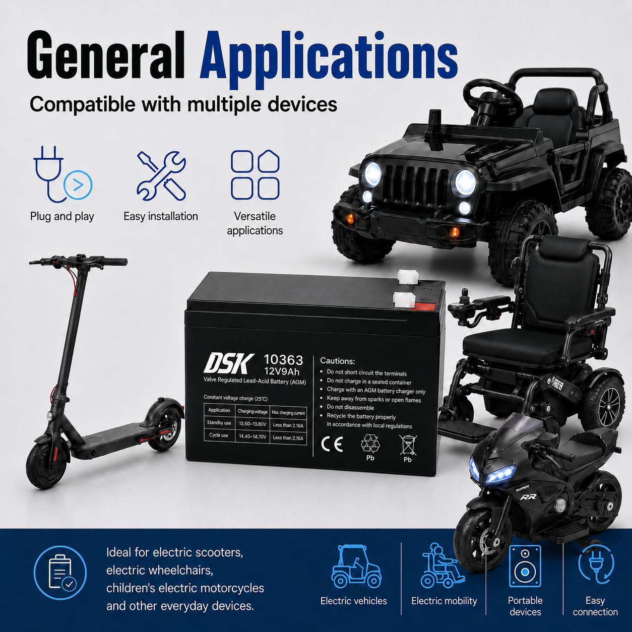 DSK Batterie AGM Plomb Étanche VRLA Haute Décharge 12V 9Ah Rechargeable sans Entretien pour UPS/Onduleur, Alarme et Sécurité - Compatible bornes F1/F2