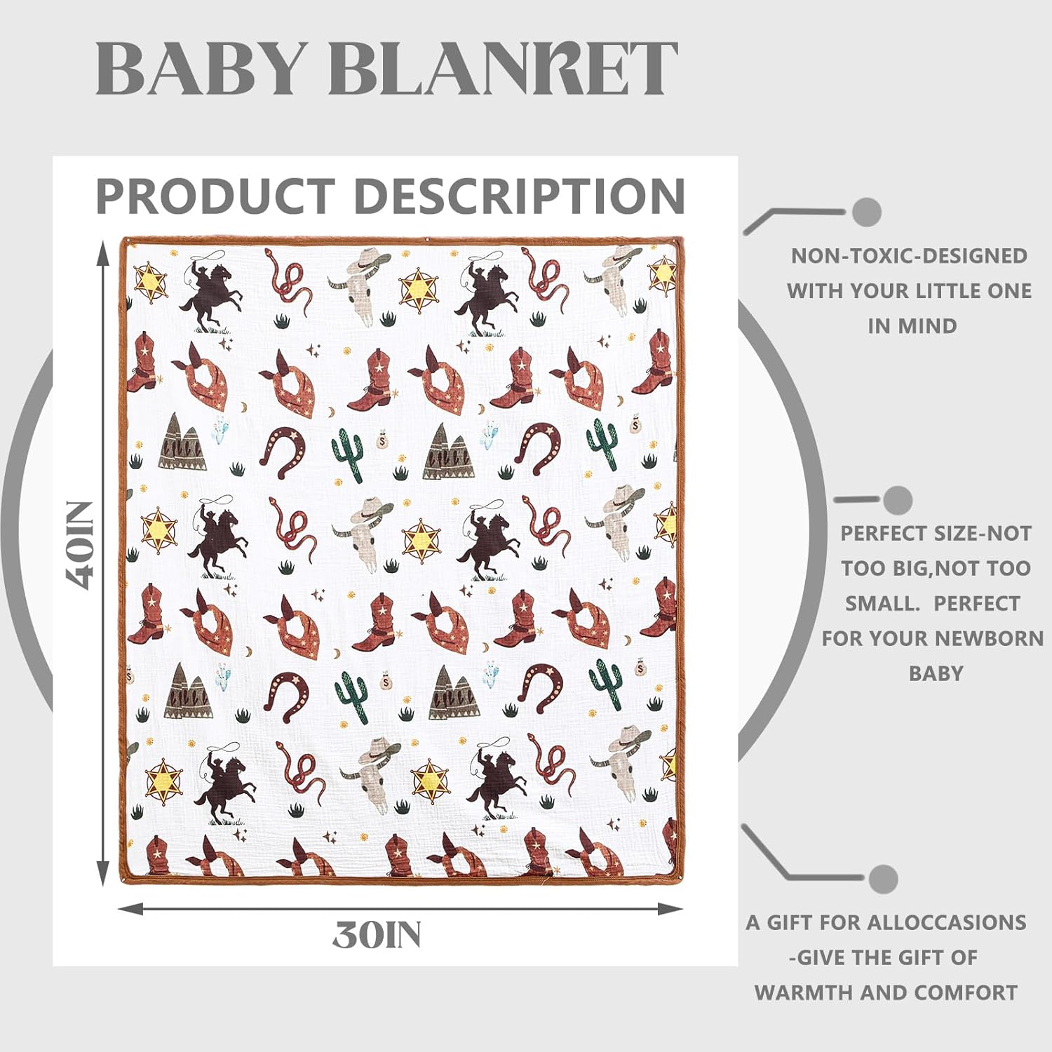 Breling Western Cowboy Muslin Baby Blankets for Girls Boys, 100% Cotton Crib Blanket for Infant Toddler, 40 x 36 Inch Soft and Lightweight Nursery Swaddling Wrap