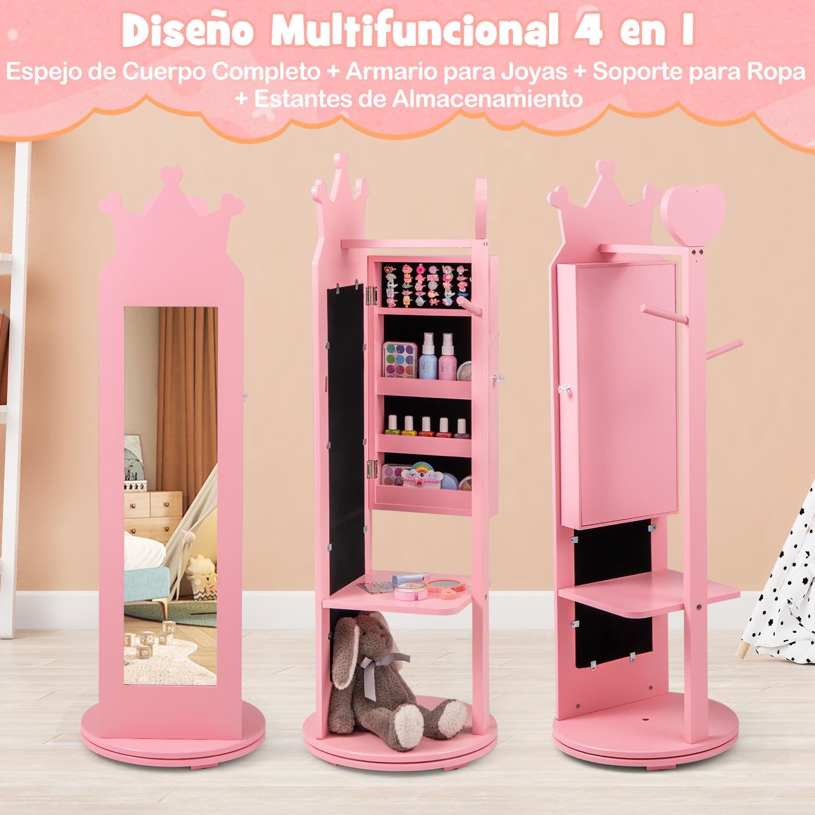COSTWAY Armario de Joyería para Niñas, Espejo Joyero de Cuerpo Entero de Pie con Base Giratoria y Gran Capacidad de Almacenamiento, Armario para Joyas con Espejo y Perchero (Rosa)