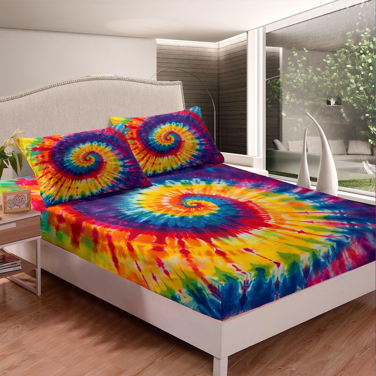 Castle Fairy Tie-Dye Bed Sheet Girl Twin XL Colorful Bedding Set Chic Rainbow Chic Bed Cover Decorative Bed Sheet Set Bed Covers Bedclothes Room Decor