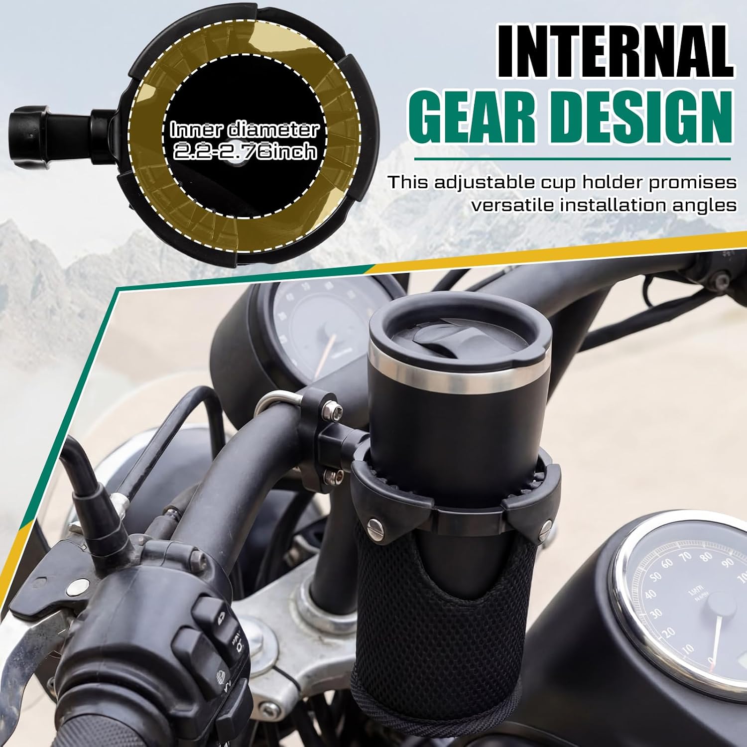 BBTO 2-in-1 Motorcycle Cup Holder Set 7/8'' to 1 1/4'' Bike Phone Holder 4.7 to 6.8" with 360°Swivel Ball-Mount Handlebar Phone Cup Clamp Cycling Accessories for ATV Utv Scooter Boat Black