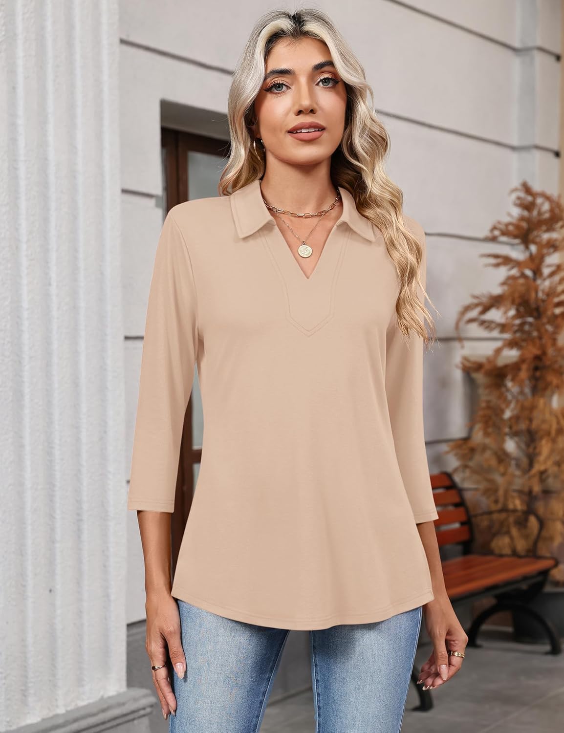 LOMON 3/4 Length Sleeve Womens Tops 2026 Spring Summer Collared Polo Shirts V Neck Casual Basic Polos Tees Shirt - Image 2