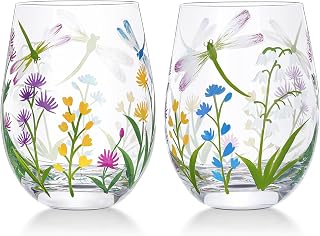 NymphFable Hand Painted Stemeless Wine Glass 18oz Set of 2 Dragonfly Flowers Wine Tumbler Personalised Birthday Gifts for Her