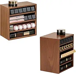 Krdrgey Organizador de maquiagem multicamadas para batons de várias formas, comporta cerca de 30 peças, suporte de prateleira de madeira sintética, expositor empilhável para sombra, base e amostras de