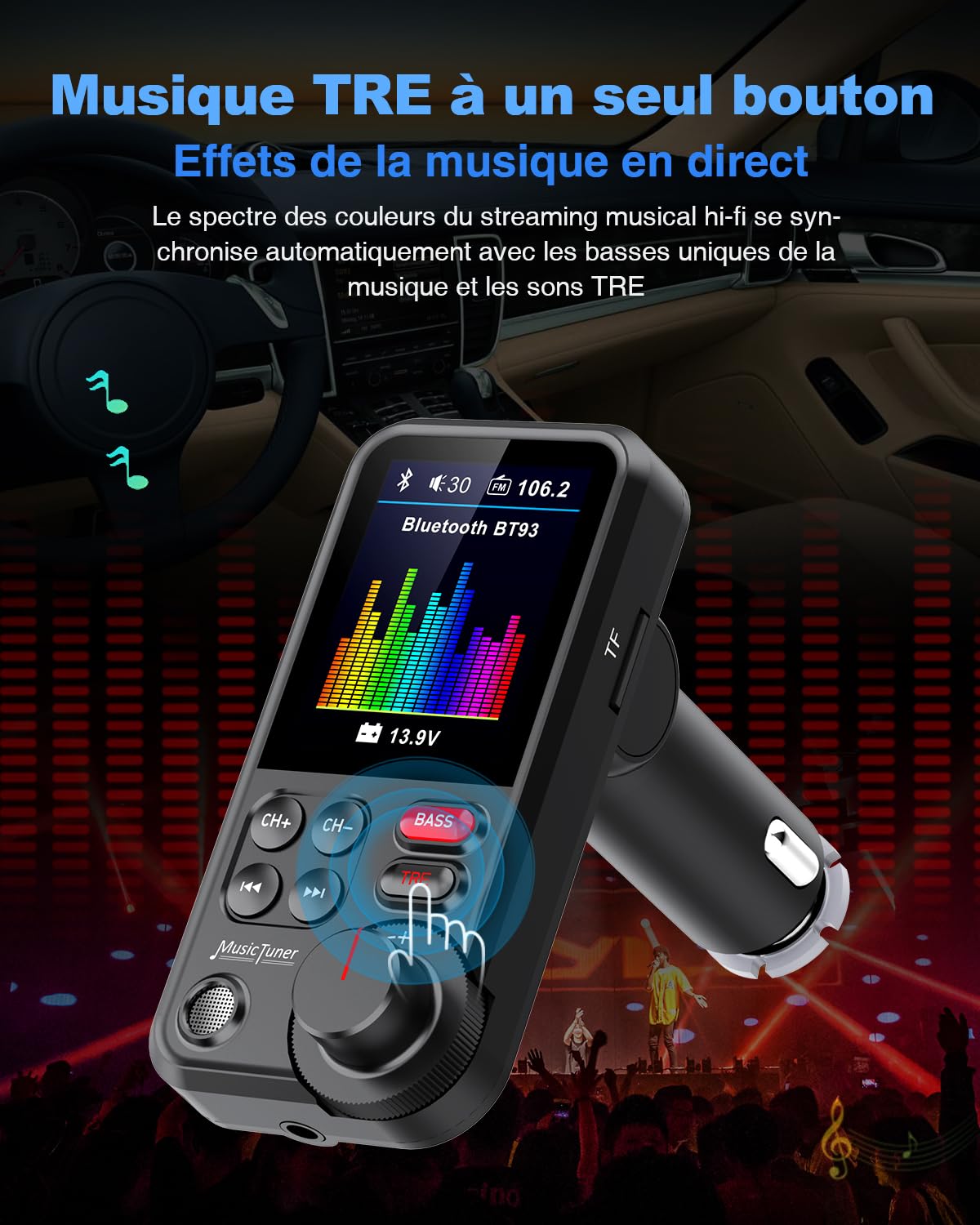 Bluetooth Samochodowy nadajnik FM, zapalniczka samochodowa Bluetooth Muzyka radia samochodowego, wsparcie MP3 adapter odtwarzacza, zestaw głośnomówiący, Spotify, USB podróży ładowarka, wyświetlacz HD,