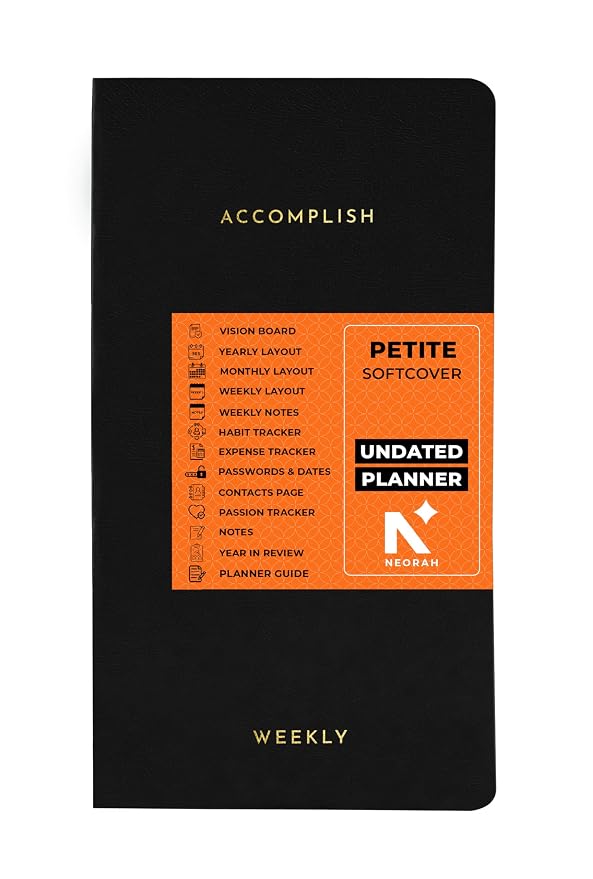 NEORAH - 2026 ACCOMPLISH UNDATED Planner - PETITE | 12 Month Productivity Diary | Weekly | Monthly | Budget & Habit Tracker - (Size 21.0 x 10.5cm) | Undated SOFT COVER Planner (Black)