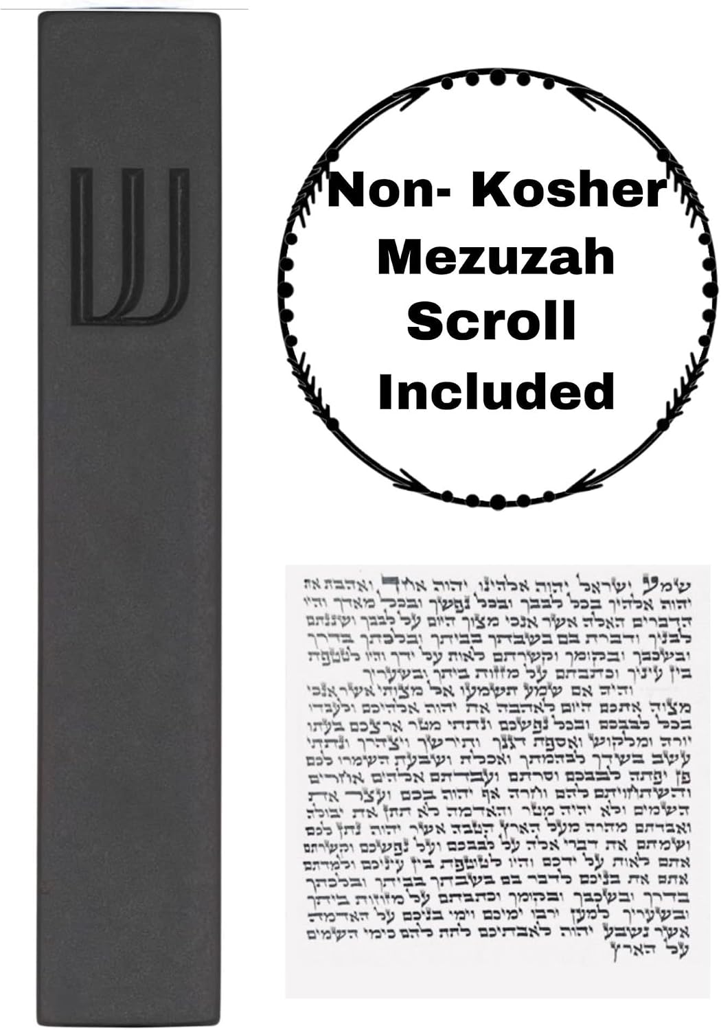 A&S Mezuzot Modern Concrete Mezuzah Case with Scroll, Easy Peel and Stick Mezuza (Black+ Engraved Shin, 6 Inches)