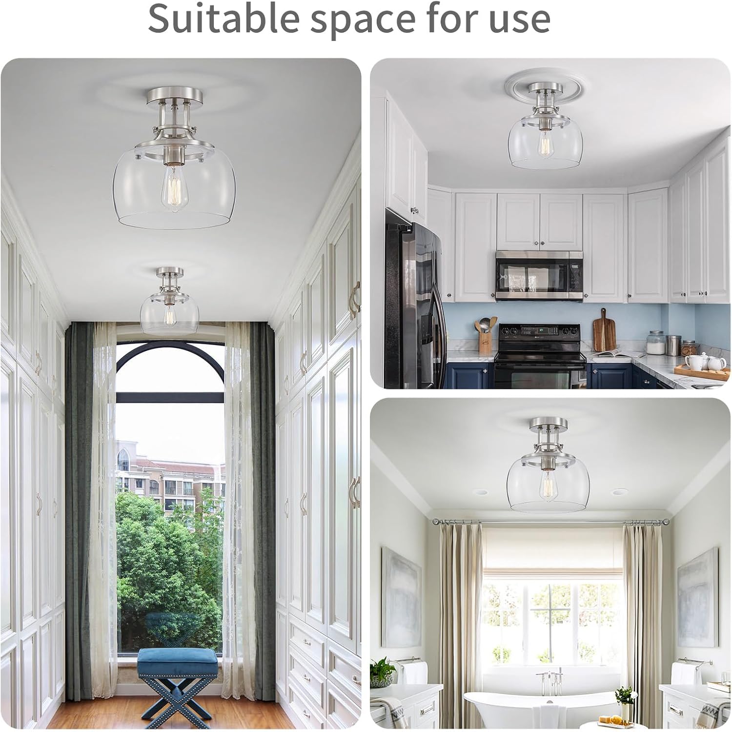 WUZUPS Chandelier Rustic Farmhouse Industrial Round Semi-flushmount Ceiling LED Light Fixture with Clear Glass Shades for Bathroom Kitchen Foyer Entryway, H 10 x W 10, E26 Base, Brushed Nickel